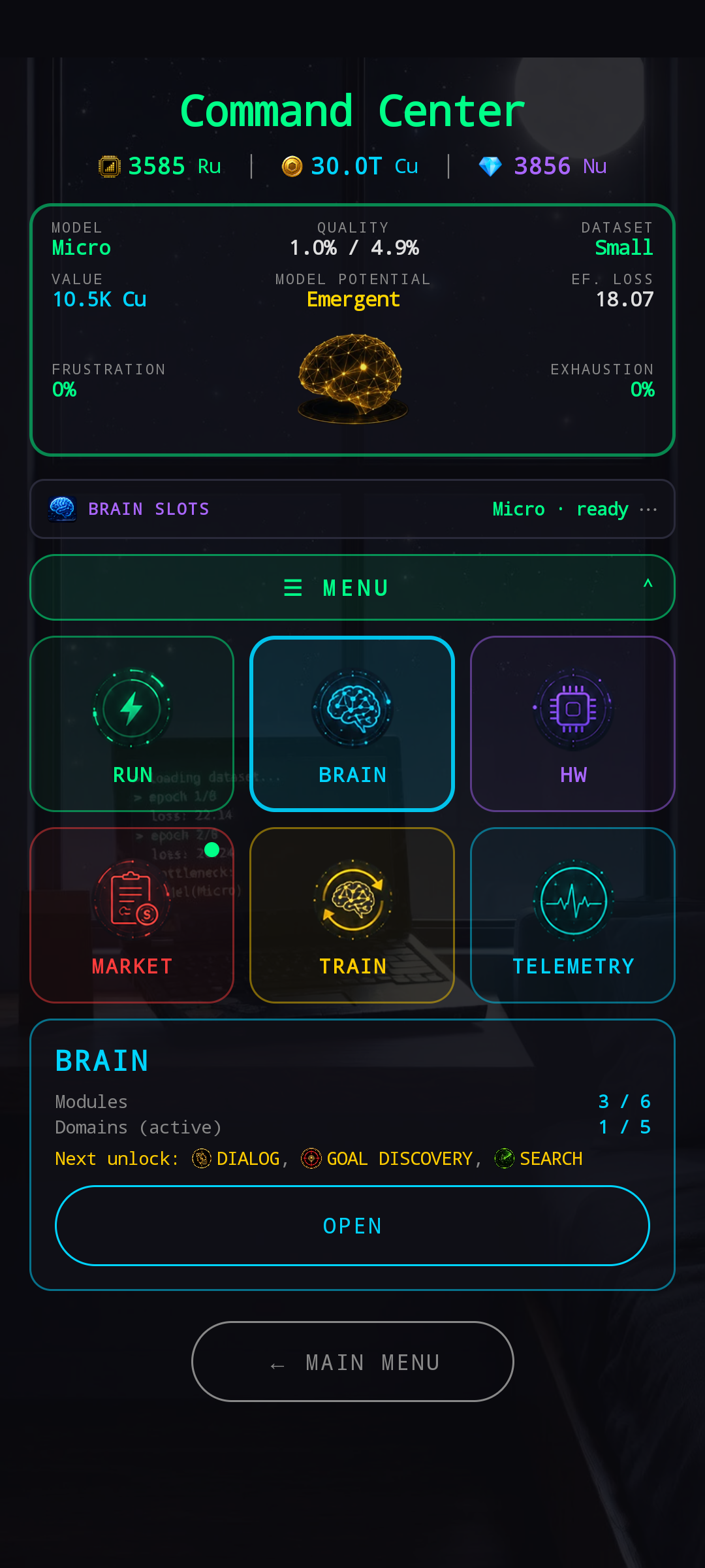 New HUB — Command Center title at the top with a compact brain status card (model, quality, value, frustration, exhaustion, plus a holographic brain projection), then BRAIN SLOTS bar, then a running progress strip, then a 2×3 menu grid of glowing chips: RUN / BRAIN / HW / MARKET / TRAIN / TELEMETRY. BRAIN chip is selected and a preview panel underneath shows Modules 3/6, Domains 1/5, and Next unlock chips.