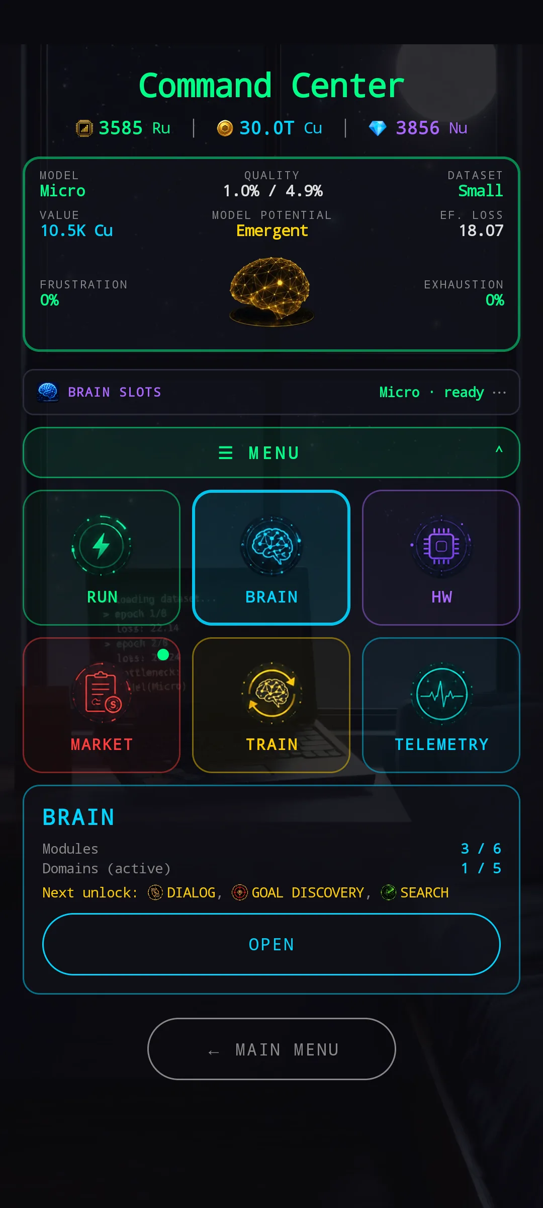 New HUB — Command Center title at the top with a compact brain status card (model, quality, value, frustration, exhaustion, plus a holographic brain projection), then BRAIN SLOTS bar, then a running progress strip, then a 2×3 menu grid of glowing chips: RUN / BRAIN / HW / MARKET / TRAIN / TELEMETRY. BRAIN chip is selected and a preview panel underneath shows Modules 3/6, Domains 1/5, and Next unlock chips.