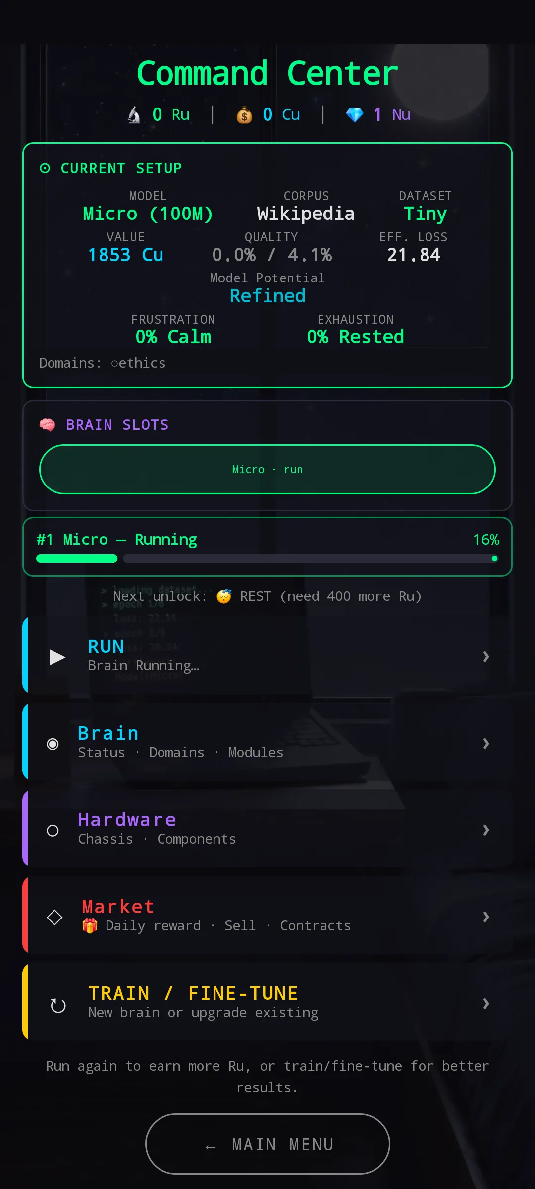 Old HUB — Command Center title with a single Current Setup card on top (Model, Corpus, Dataset, Value, Quality, EF. Loss, Model Potential, Frustration, Exhaustion, active Domains), a Brain Slots bar, a Running progress strip, and then a vertical list of five buttons: RUN, Brain, Hardware, Market, TRAIN / FINE-TUNE. A bottom hint line reads 'Run again to earn more Ru, or train/fine-tune for better results.'