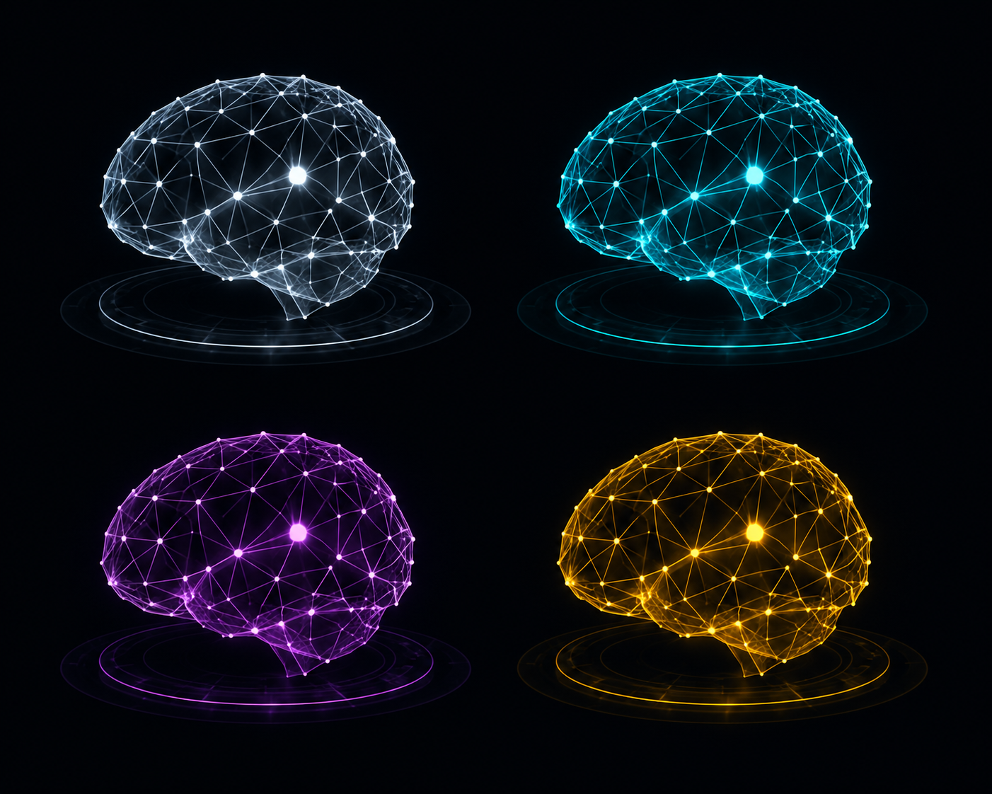Four holographic brain projections side by side — silver / cyan / purple / gold, each more detailed and richly coloured than the previous one.