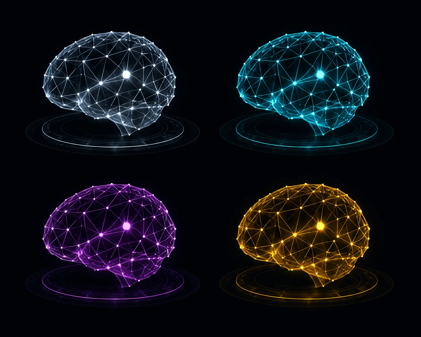 Four holographic brain projections side by side — silver / cyan / purple / gold, each more detailed and richly coloured than the previous one.