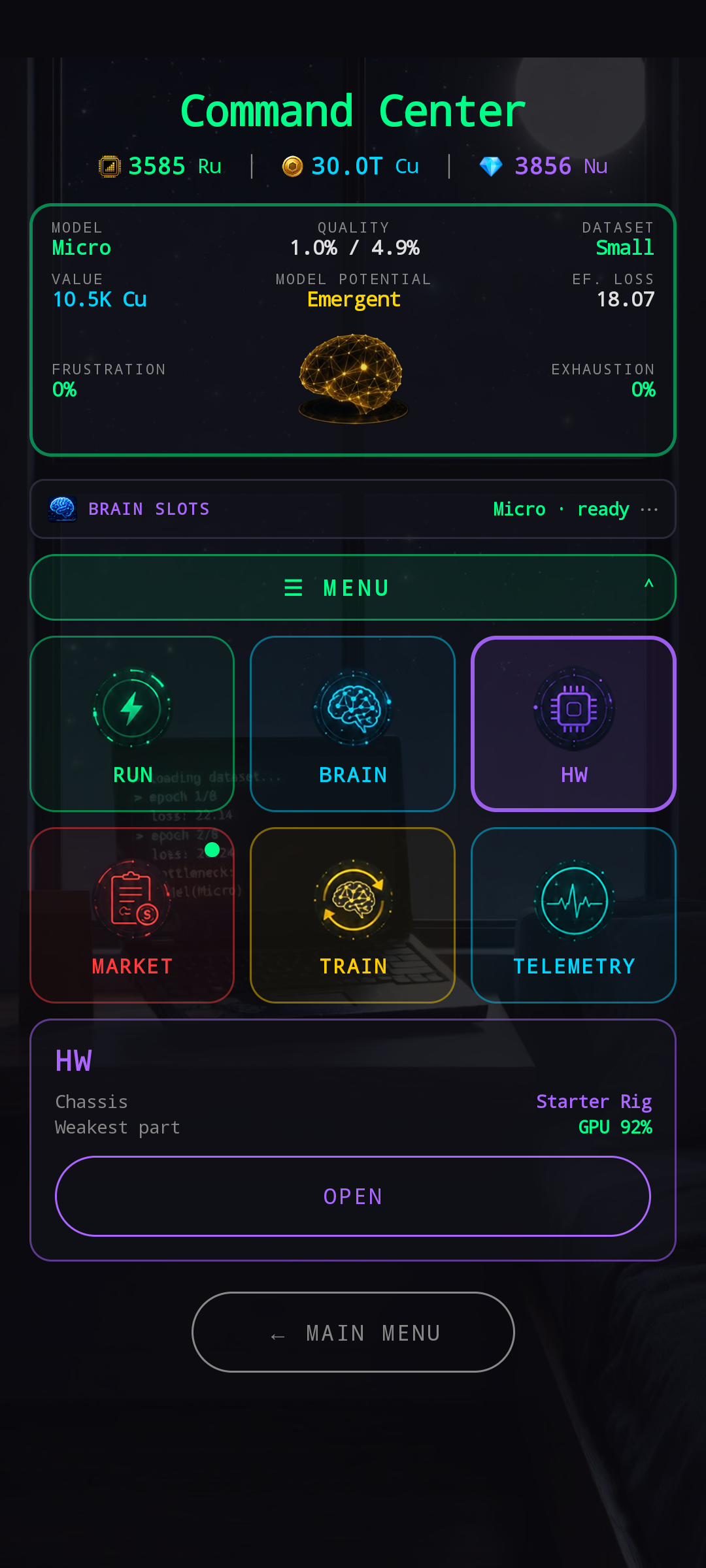 HUB with HW tile selected — preview shows Chassis: Starter Rig and Weakest part: GPU 92%.