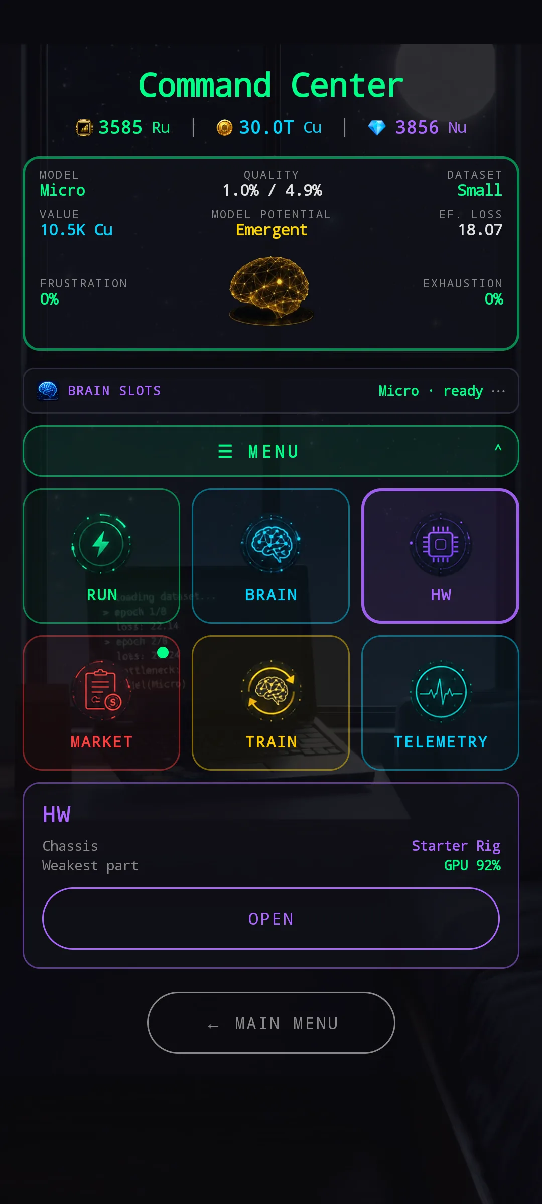 HUB with HW tile selected — preview shows Chassis: Starter Rig and Weakest part: GPU 92%.