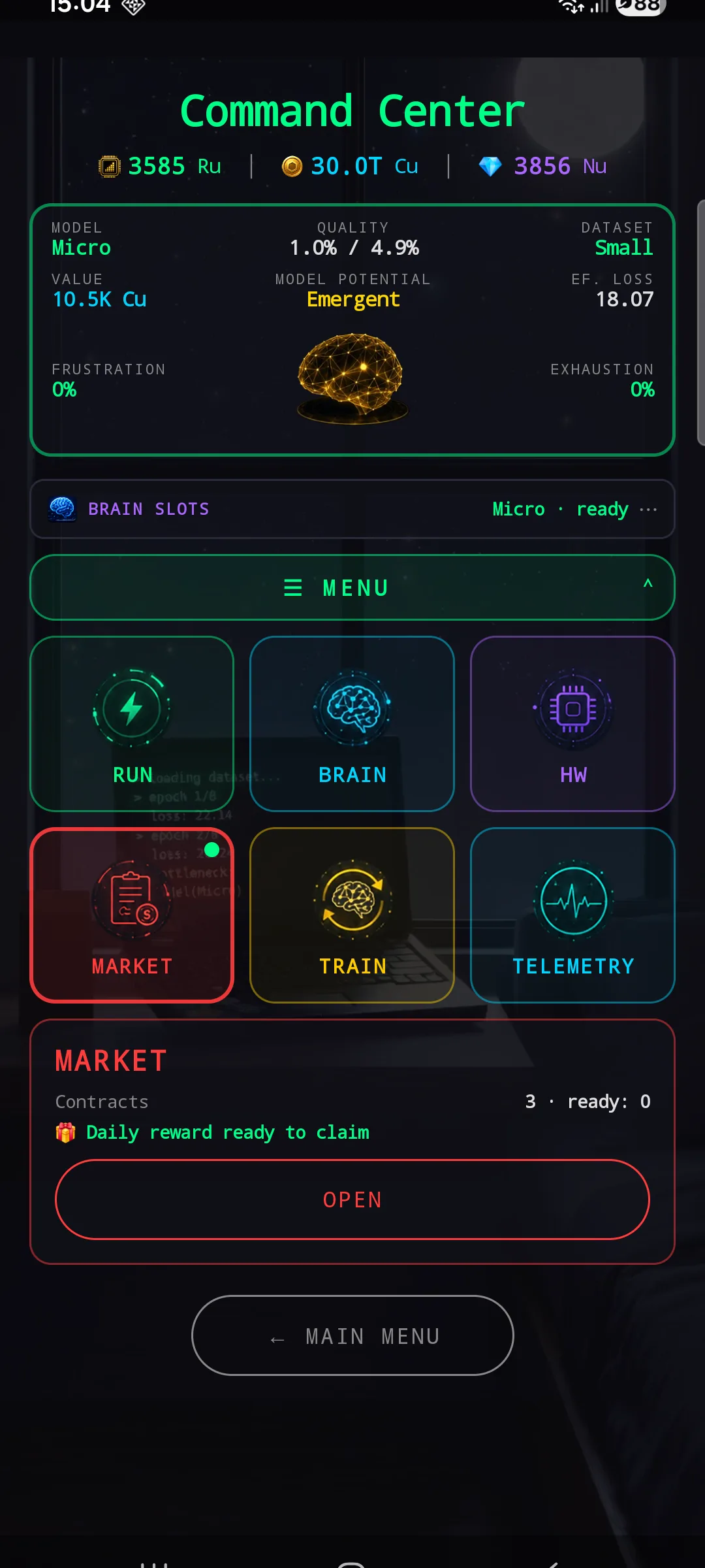 HUB with MARKET tile selected — preview shows Contracts 3 · ready: 0 and 'Daily reward ready to claim'. A small green dot sits on the tile itself, indicating an actionable notification.