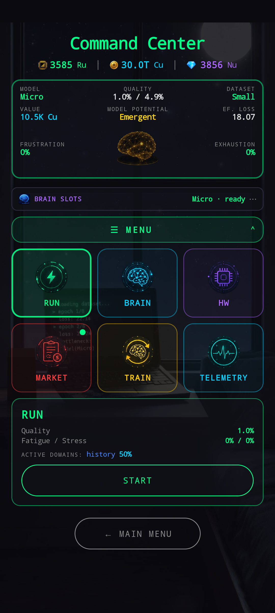 HUB with RUN tile selected — preview panel shows Quality, Fatigue / Stress, Active domains (history 50%), and a START button.