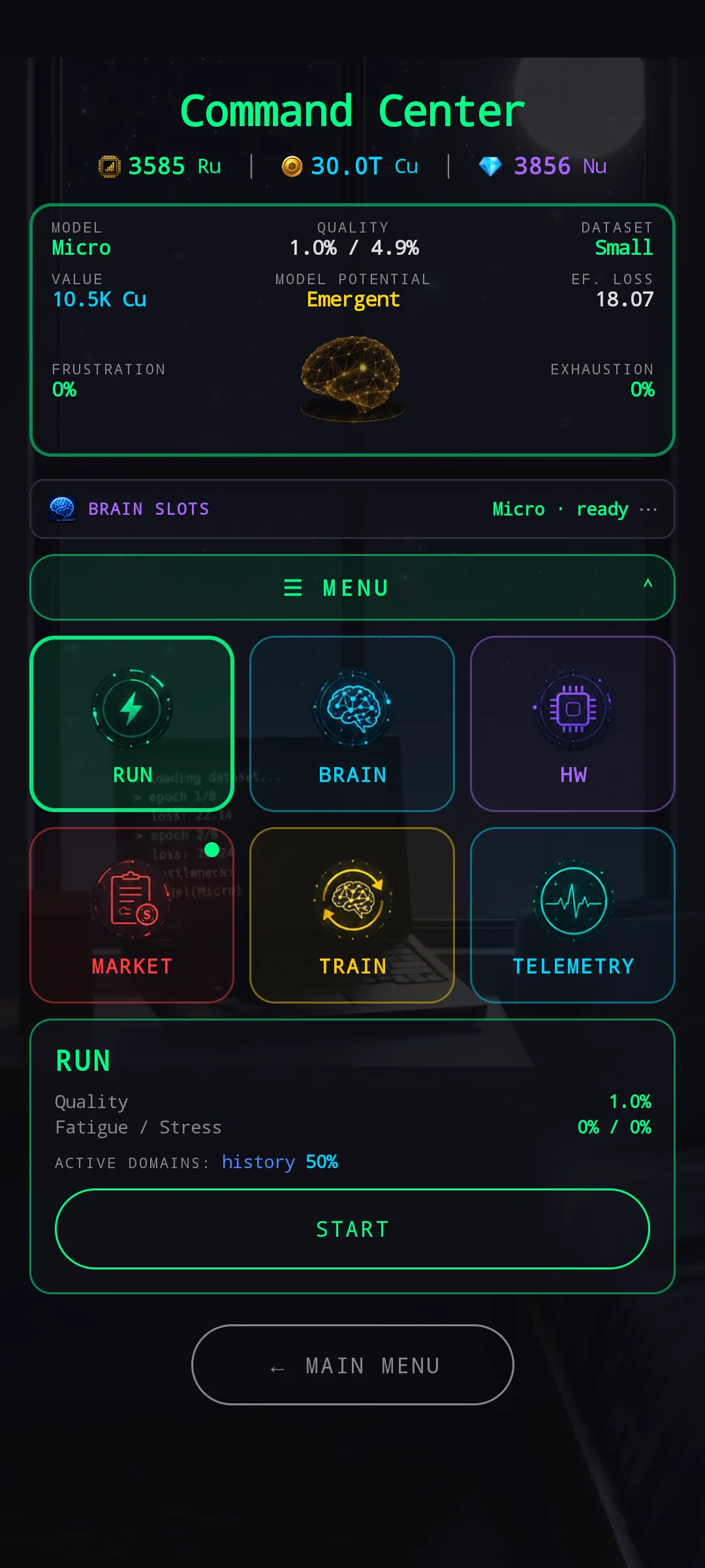 HUB with RUN tile selected — preview panel shows Quality, Fatigue / Stress, Active domains (history 50%), and a START button.