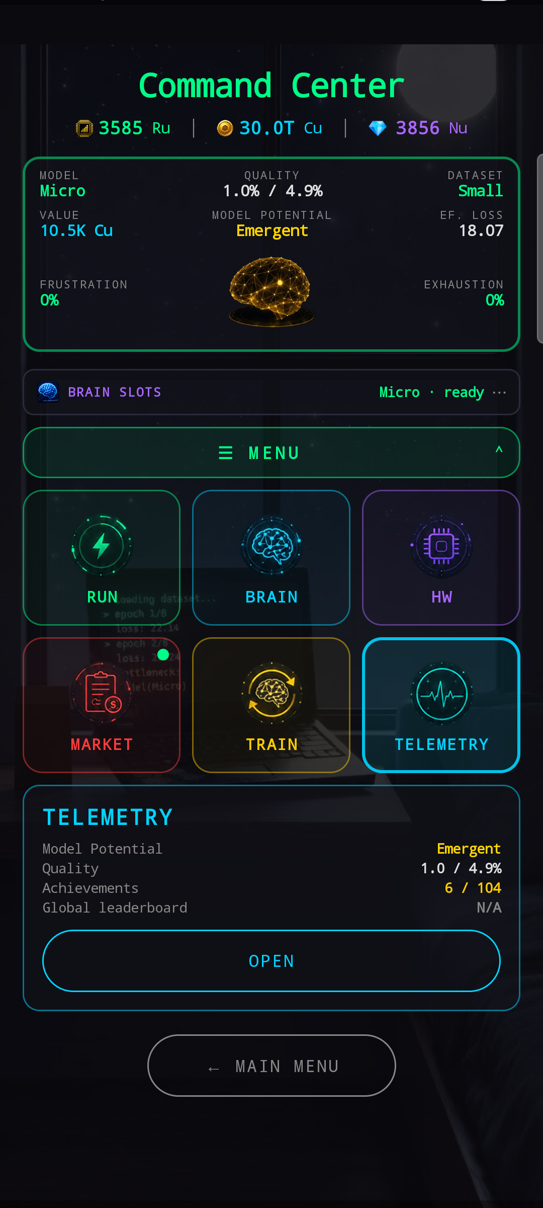 HUB with TELEMETRY tile selected — preview shows Model Potential, Value, Quality, Achievements count, and the player's Global leaderboard placement.