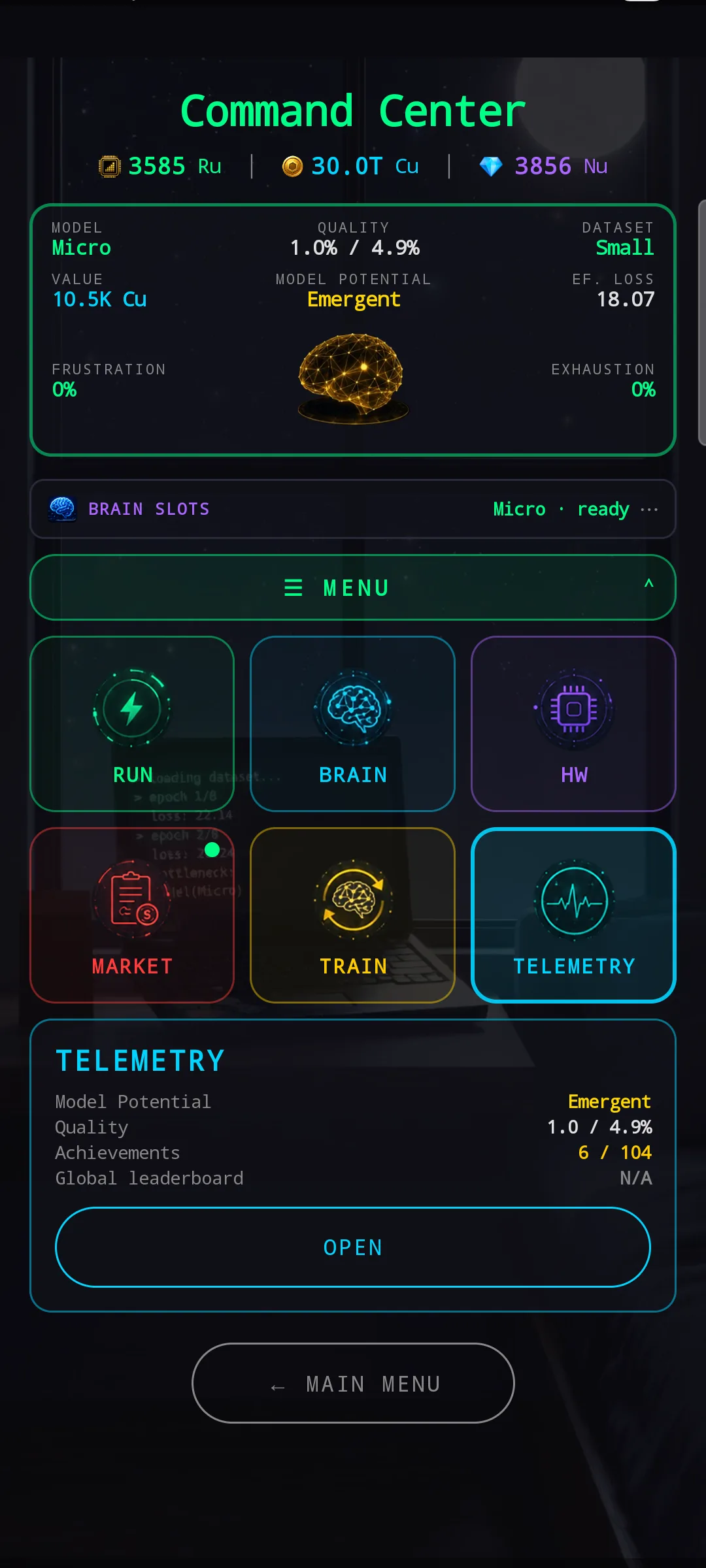 HUB with TELEMETRY tile selected — preview shows Model Potential, Value, Quality, Achievements count, and the player's Global leaderboard placement.