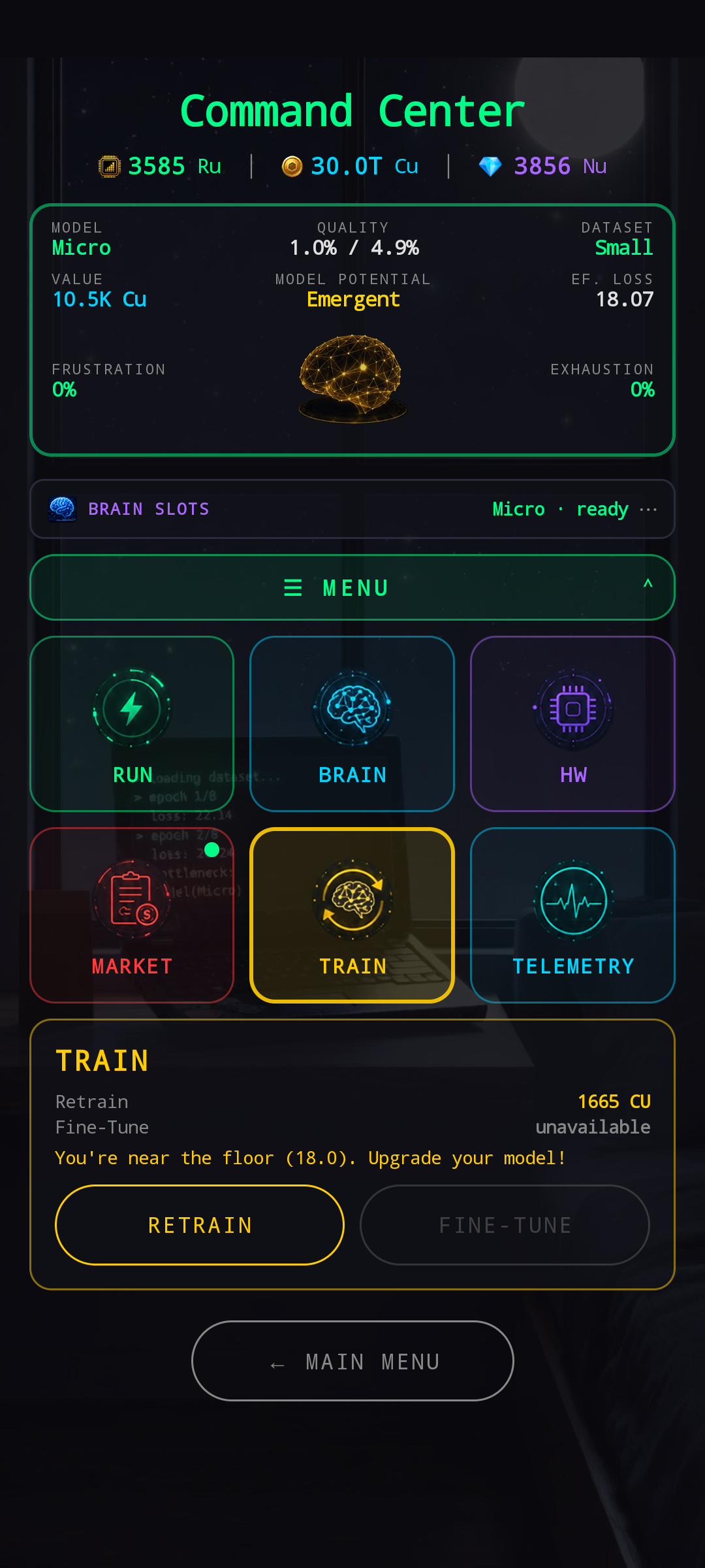 HUB with TRAIN tile selected — preview shows Retrain cost (1665 Cu), Fine-Tune marked unavailable, a hint 'You're near the floor (18.0). Upgrade your model!', and two action buttons: RETRAIN and FINE-TUNE (greyed out).