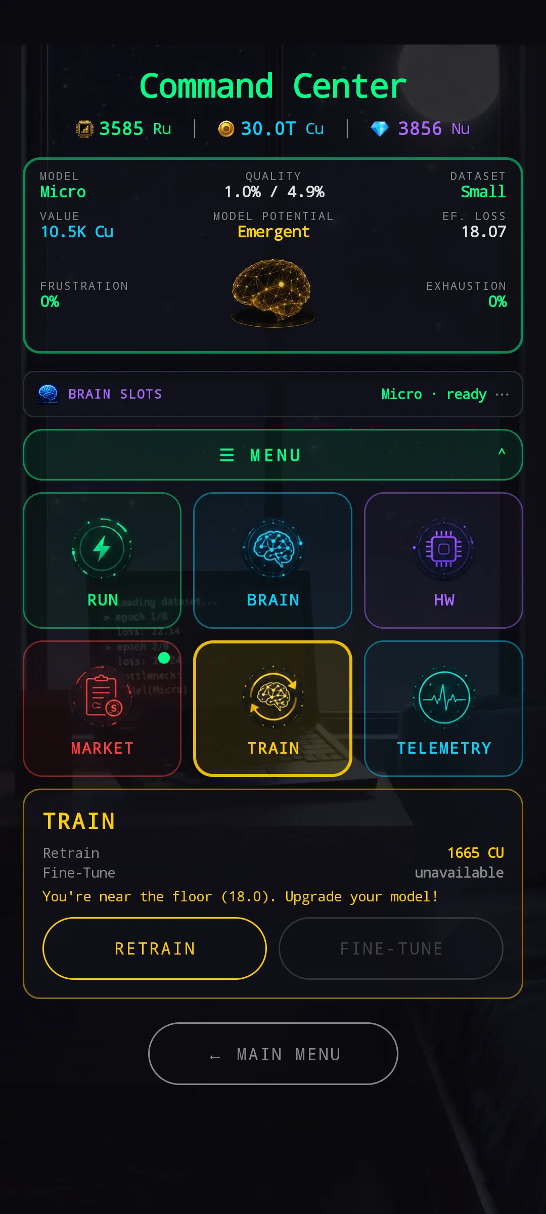 HUB with TRAIN tile selected — preview shows Retrain cost (1665 Cu), Fine-Tune marked unavailable, a hint 'You're near the floor (18.0). Upgrade your model!', and two action buttons: RETRAIN and FINE-TUNE (greyed out).