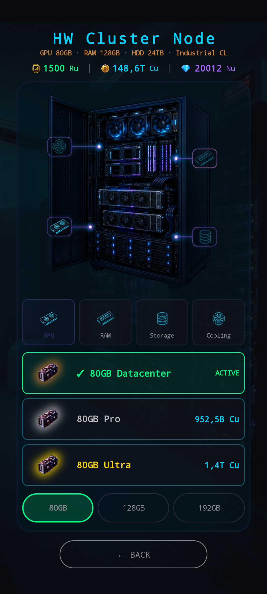 New Hardware Config — HW Cluster Node. Header sub-bar reads GPU 80GB · RAM 128GB · HDD 24TB · Industrial CL. Hero shows a stacked server-rack rig with industrial cooling. GPU tab active with 80GB Datacenter (ACTIVE), 80GB Pro and 80GB Ultra items, plus 80GB / 128GB / 192GB chips.