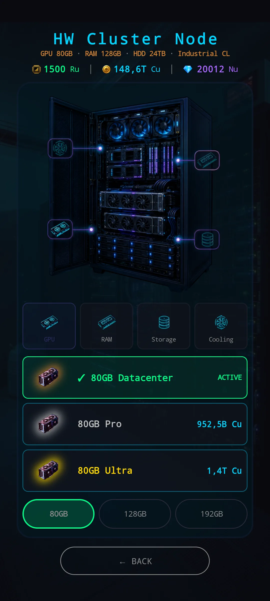 New Hardware Config — HW Cluster Node. Header sub-bar reads GPU 80GB · RAM 128GB · HDD 24TB · Industrial CL. Hero shows a stacked server-rack rig with industrial cooling. GPU tab active with 80GB Datacenter (ACTIVE), 80GB Pro and 80GB Ultra items, plus 80GB / 128GB / 192GB chips.