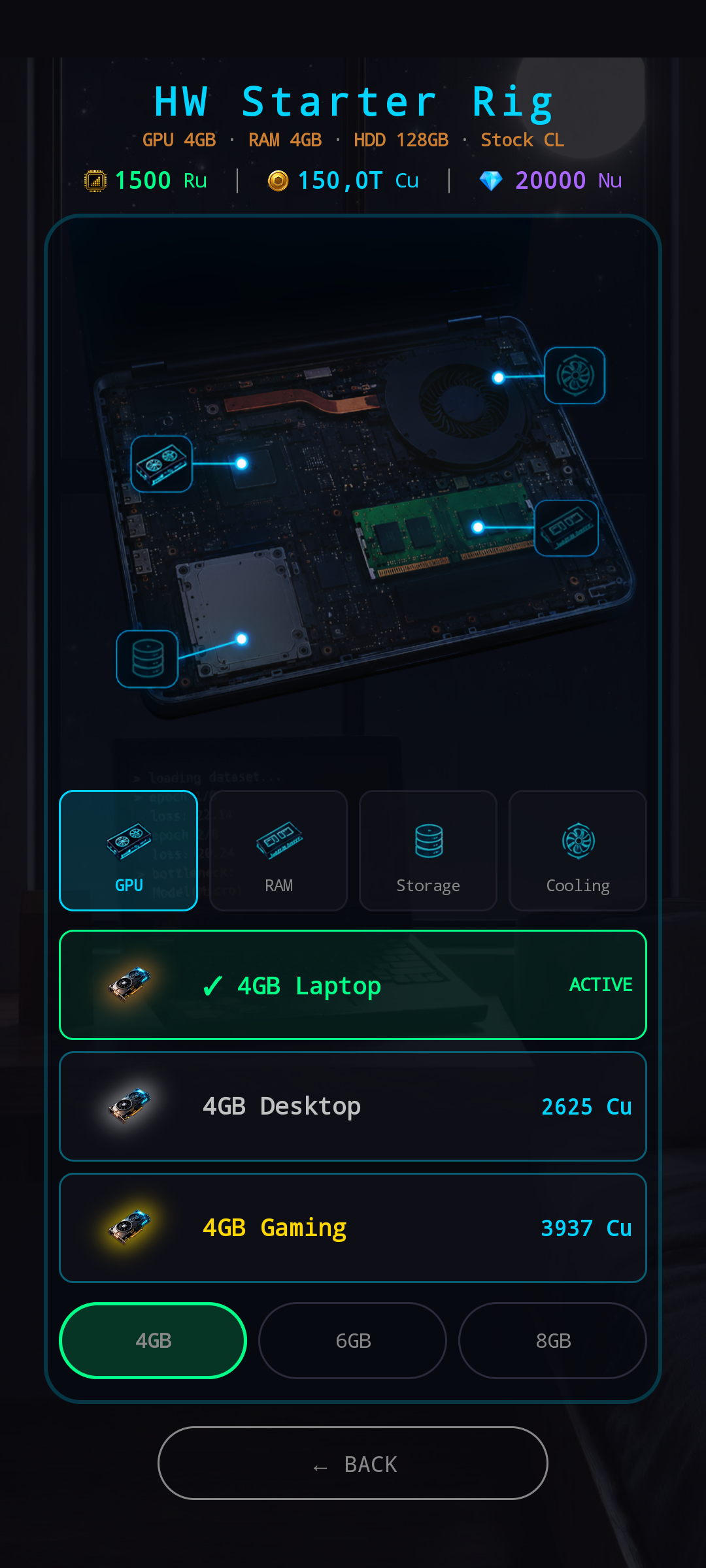 New Hardware Config — HW Starter Rig. Header sub-bar reads GPU 4GB · RAM 4GB · HDD 128GB · Stock CL. Hero shows a laptop with GPU / RAM / Storage / Cooling icons overlaid. GPU tab active with 4GB Laptop (ACTIVE), 4GB Desktop 2625 Cu, 4GB Gaming 3937 Cu items, plus 4GB / 6GB / 8GB chips at the bottom.