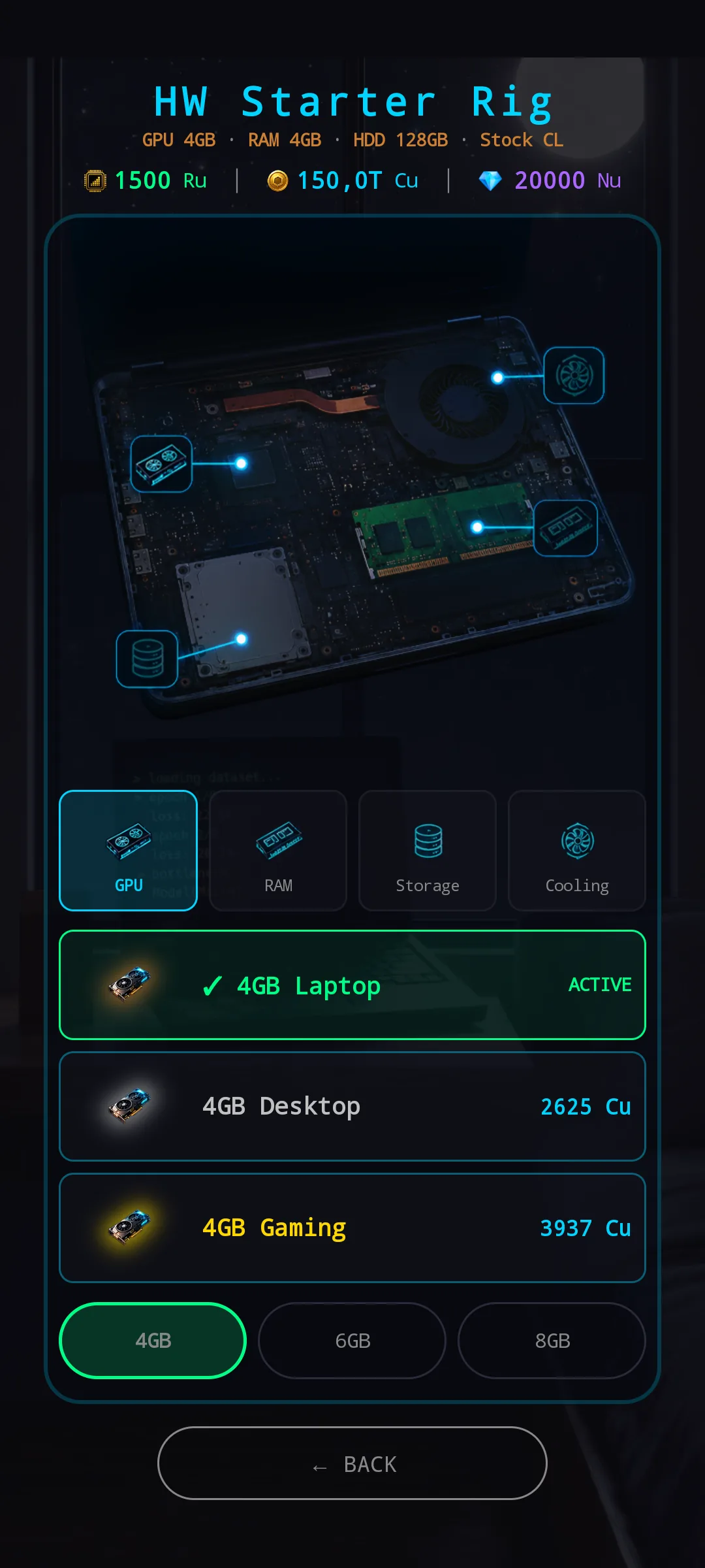 New Hardware Config — HW Starter Rig. Header sub-bar reads GPU 4GB · RAM 4GB · HDD 128GB · Stock CL. Hero shows a laptop with GPU / RAM / Storage / Cooling icons overlaid. GPU tab active with 4GB Laptop (ACTIVE), 4GB Desktop 2625 Cu, 4GB Gaming 3937 Cu items, plus 4GB / 6GB / 8GB chips at the bottom.