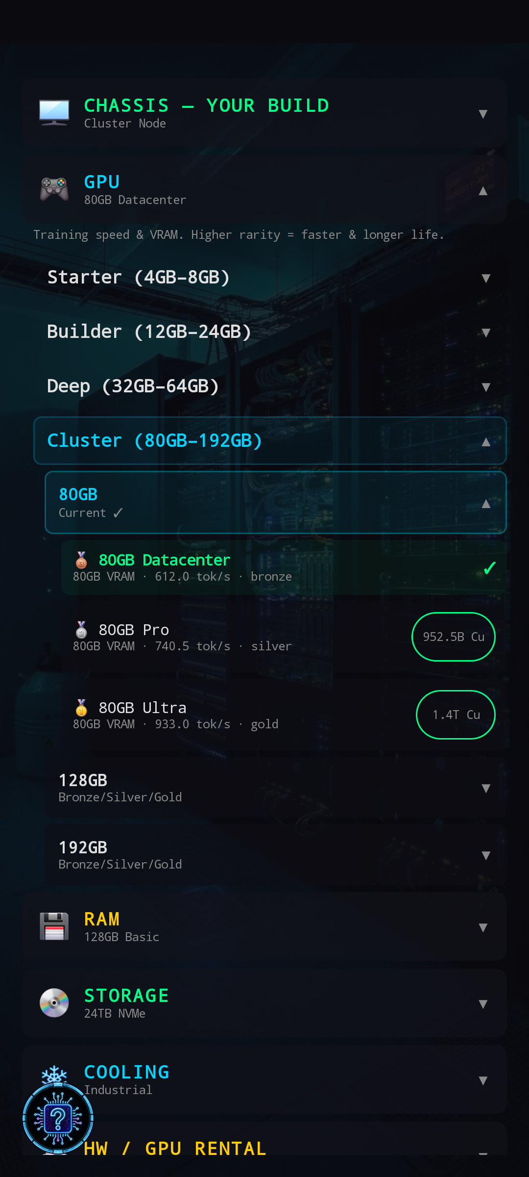 Old Hardware Config — all four chassis tiers (Starter / Builder / Deep / Cluster) expanded vertically at once, each with GPU options under it, then RAM / Storage / Cooling sections stacked below