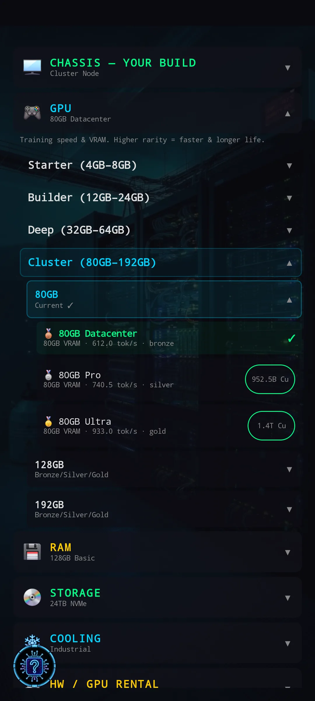 Old Hardware Config — all four chassis tiers (Starter / Builder / Deep / Cluster) expanded vertically at once, each with GPU options under it, then RAM / Storage / Cooling sections stacked below