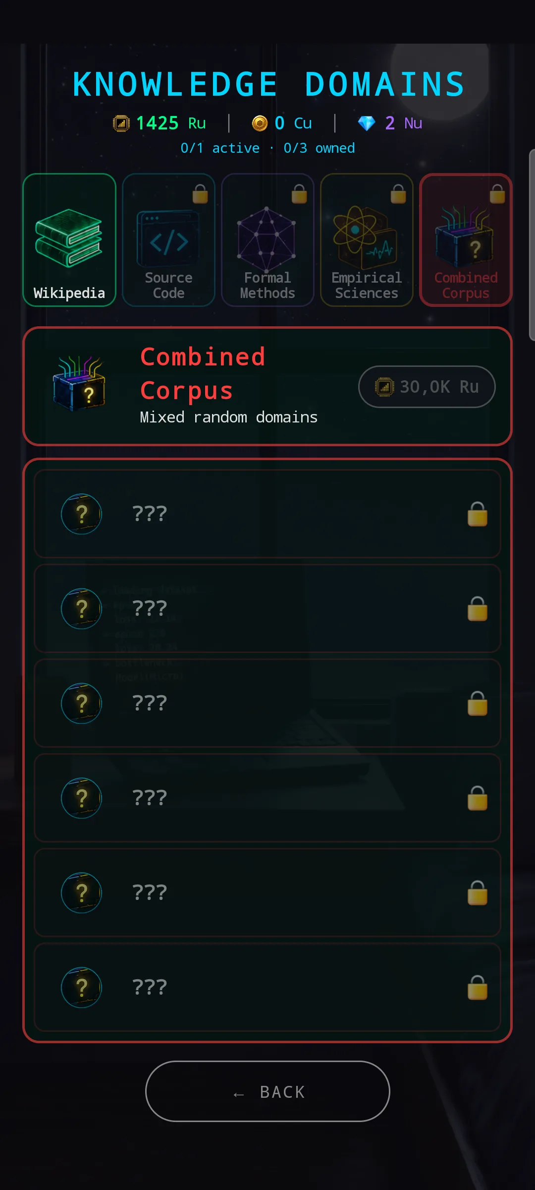 Combined Corpus active — red-themed banner saying 'Mixed random domains'. Domain rows below are placeholders: six rows of '???' with a question-mark icon and a 🔒 padlock — you cannot preview the domains before unlocking.