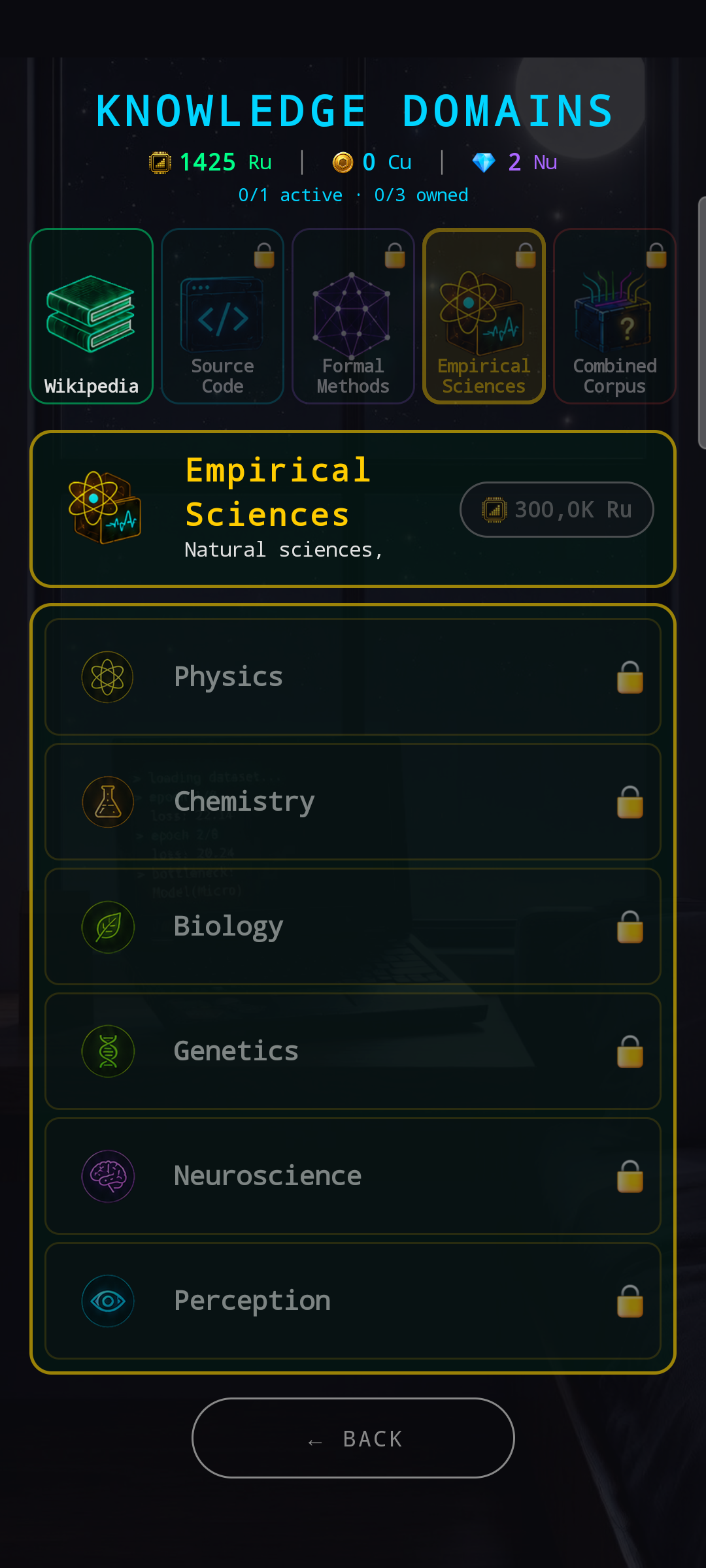Empirical Sciences corpus active — yellow-themed banner saying 'Natural sciences,'. Domain list: Physics (atom), Chemistry (flask), Biology (leaf), Genetics (helix), Neuroscience (brain), Perception (eye). All locked behind corpus unlock.