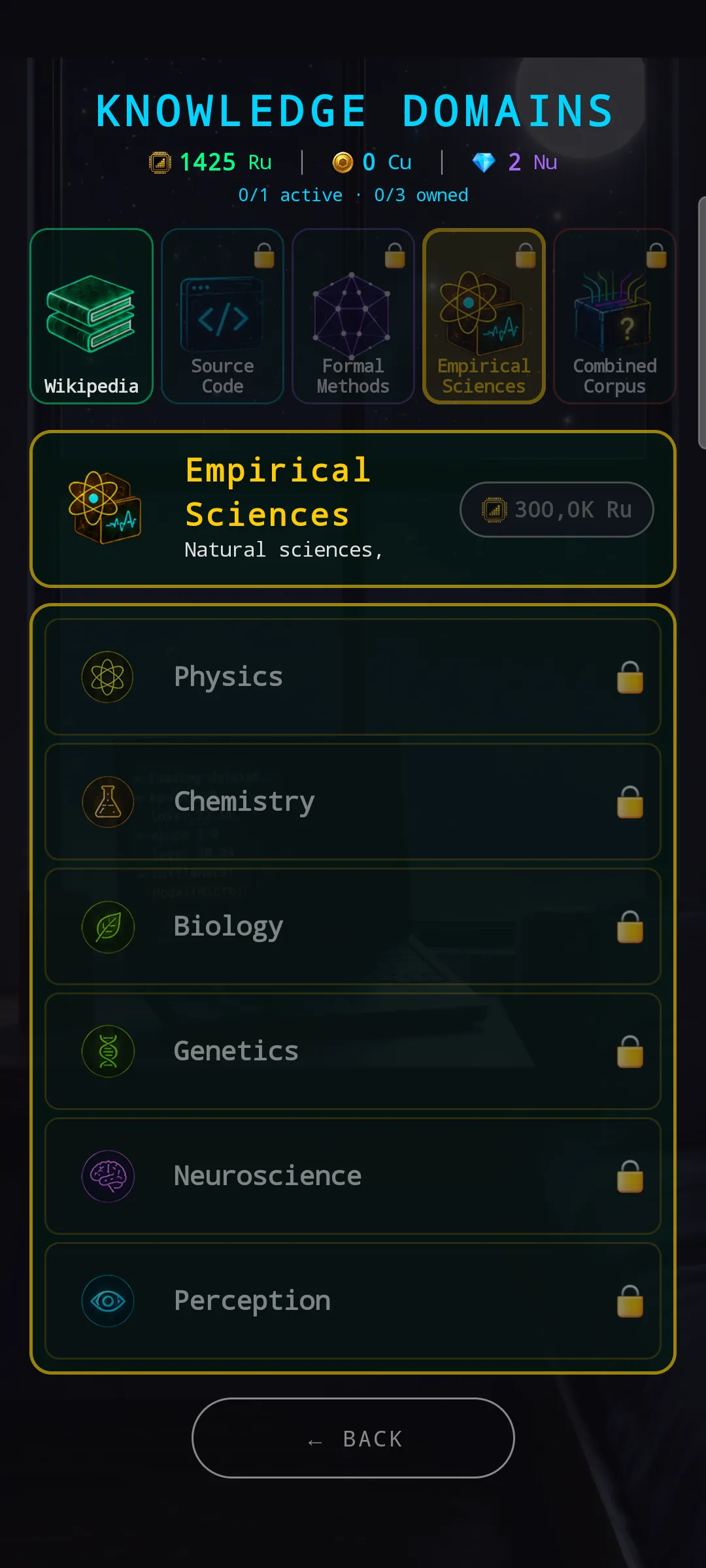 Empirical Sciences corpus active — yellow-themed banner saying 'Natural sciences,'. Domain list: Physics (atom), Chemistry (flask), Biology (leaf), Genetics (helix), Neuroscience (brain), Perception (eye). All locked behind corpus unlock.