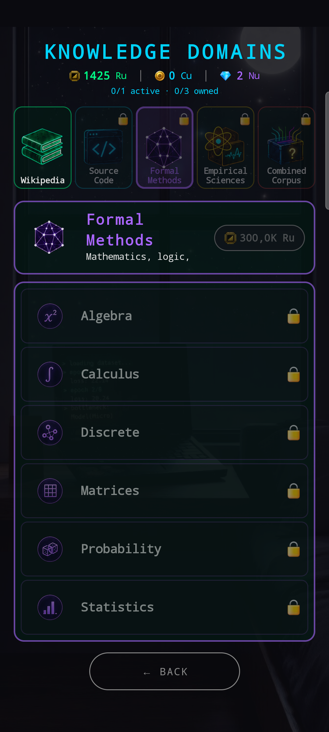 Formal Methods corpus active — purple-themed banner saying 'Mathematics, logic'. Domain list with mathematical symbol icons: Algebra (x²), Calculus (∫), Discrete, Matrices, Probability, Statistics. All locked behind corpus unlock.