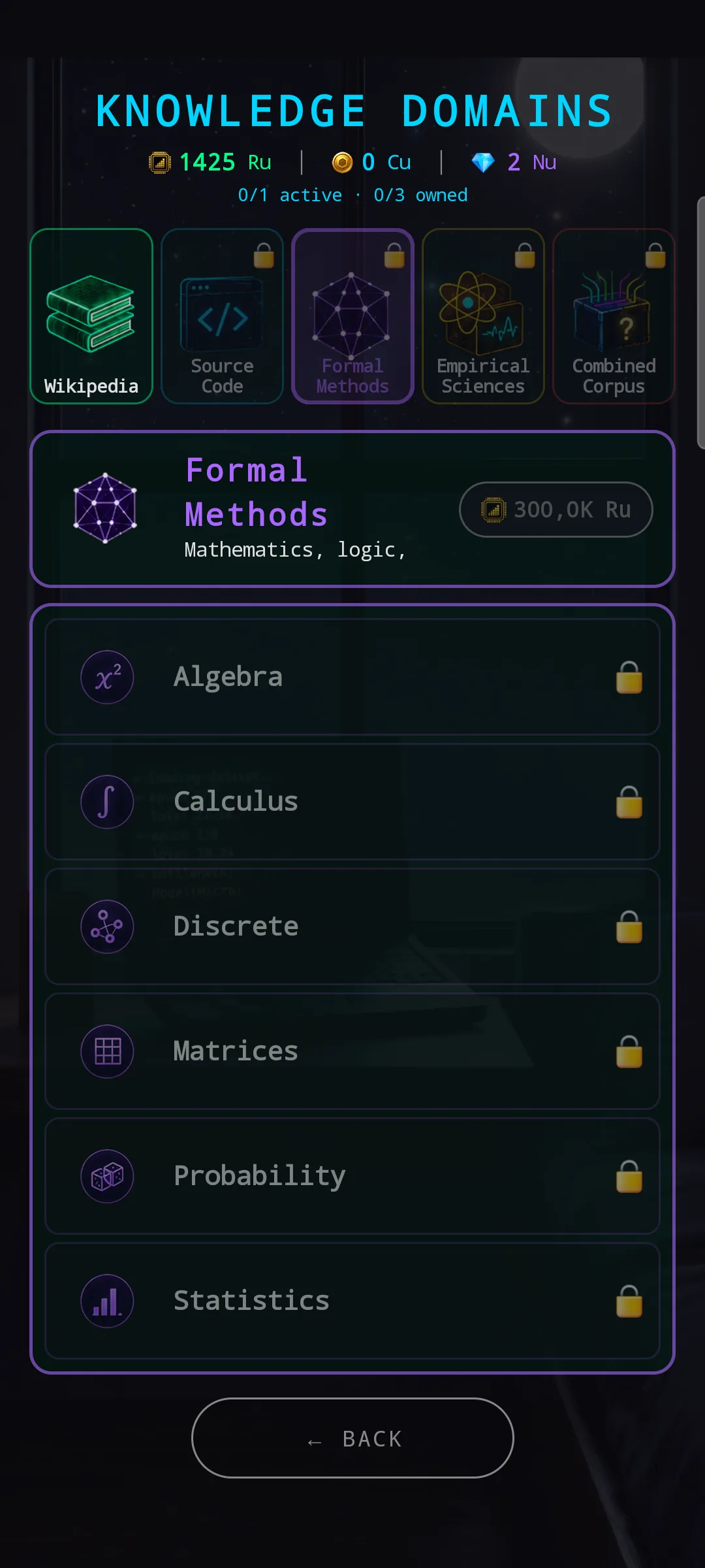 Formal Methods corpus active — purple-themed banner saying 'Mathematics, logic'. Domain list with mathematical symbol icons: Algebra (x²), Calculus (∫), Discrete, Matrices, Probability, Statistics. All locked behind corpus unlock.