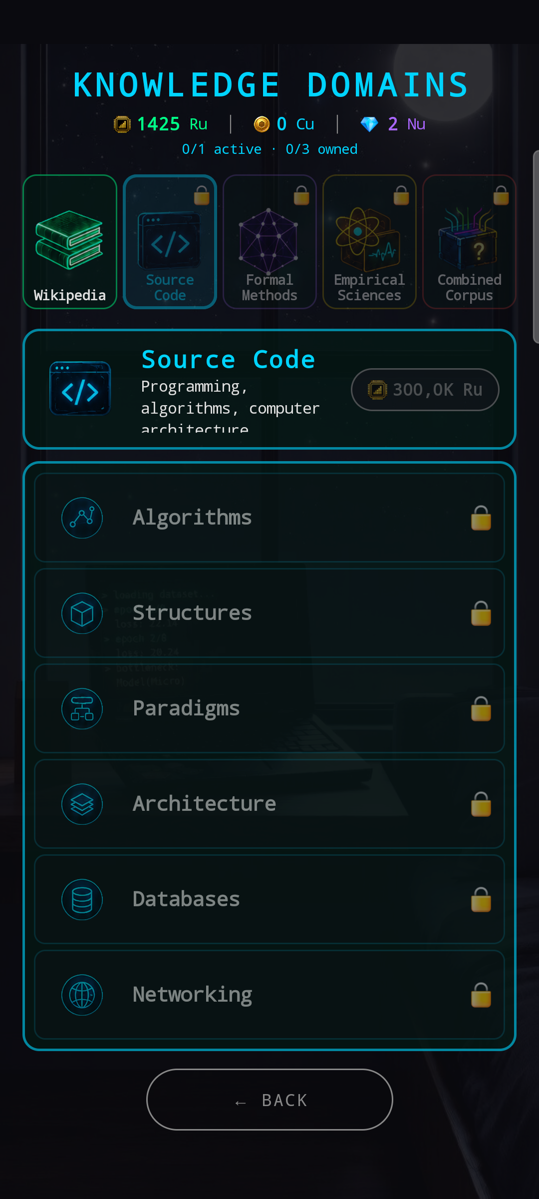 Source Code corpus active — cyan-themed banner saying 'Programming, algorithms, computer architecture'. Domain list: Algorithms, Structures, Paradigms, Architecture, Databases, Networking. All locked with 🔒 because the corpus is not yet unlocked.