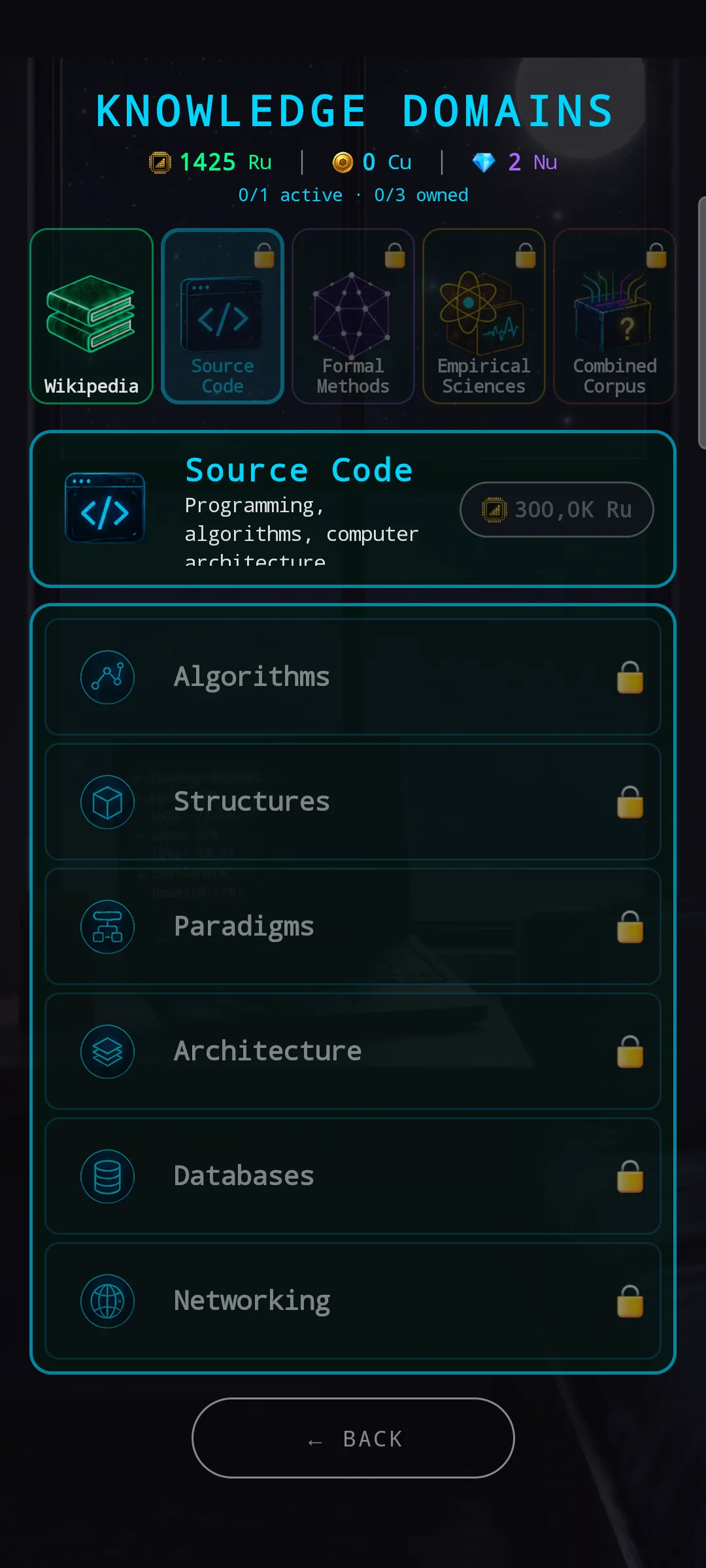 Source Code corpus active — cyan-themed banner saying 'Programming, algorithms, computer architecture'. Domain list: Algorithms, Structures, Paradigms, Architecture, Databases, Networking. All locked with 🔒 because the corpus is not yet unlocked.