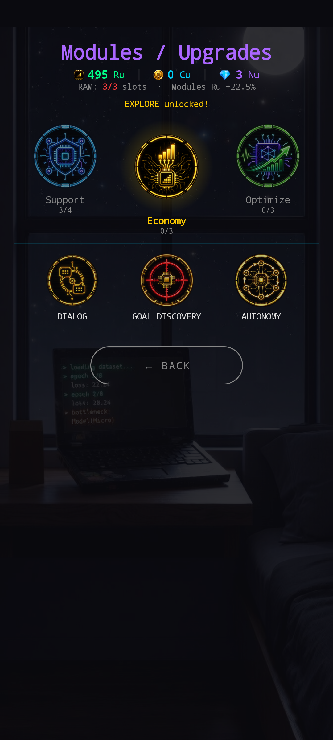 New Modules screen — Economy category selected with yellow glow, showing DIALOG / GOAL DISCOVERY / AUTONOMY grid