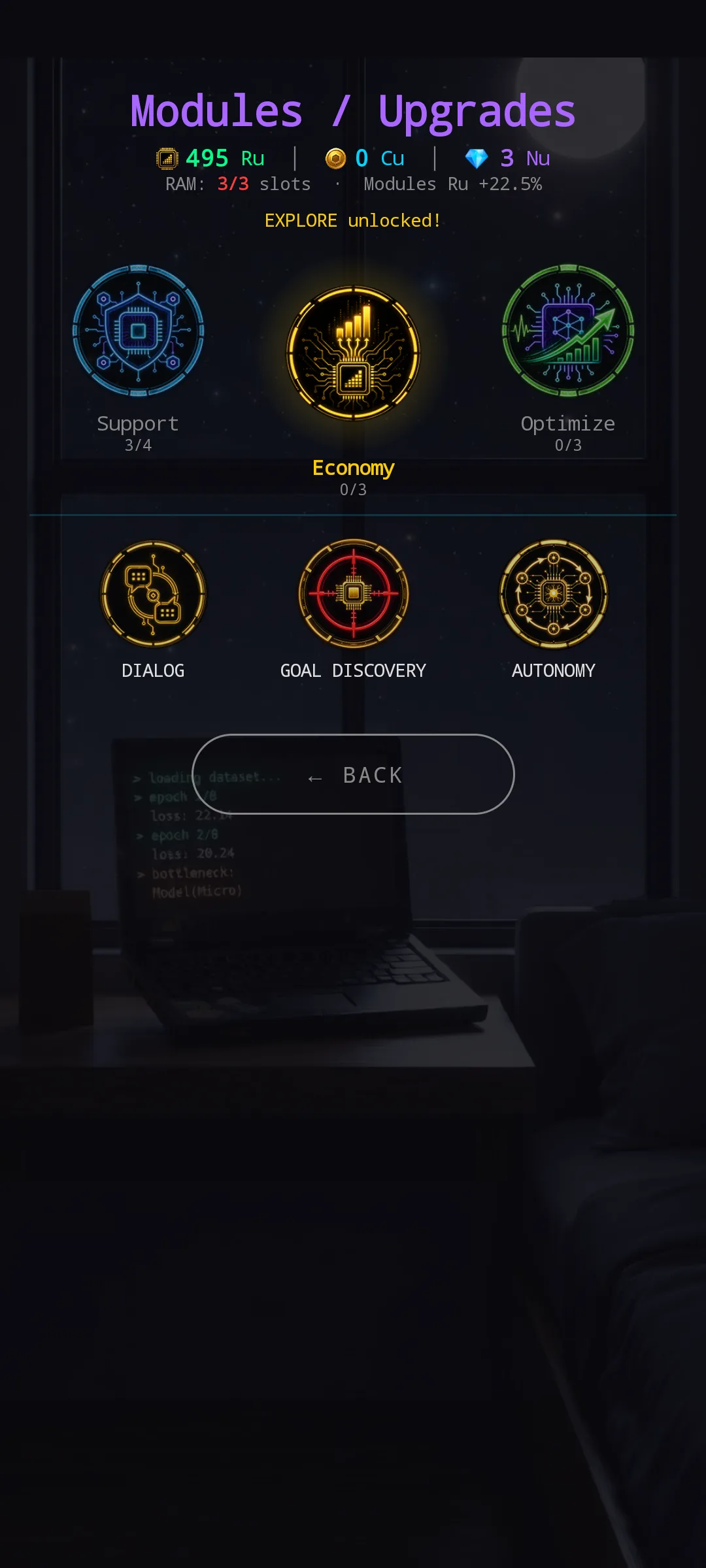 New Modules screen — Economy category selected with yellow glow, showing DIALOG / GOAL DISCOVERY / AUTONOMY grid