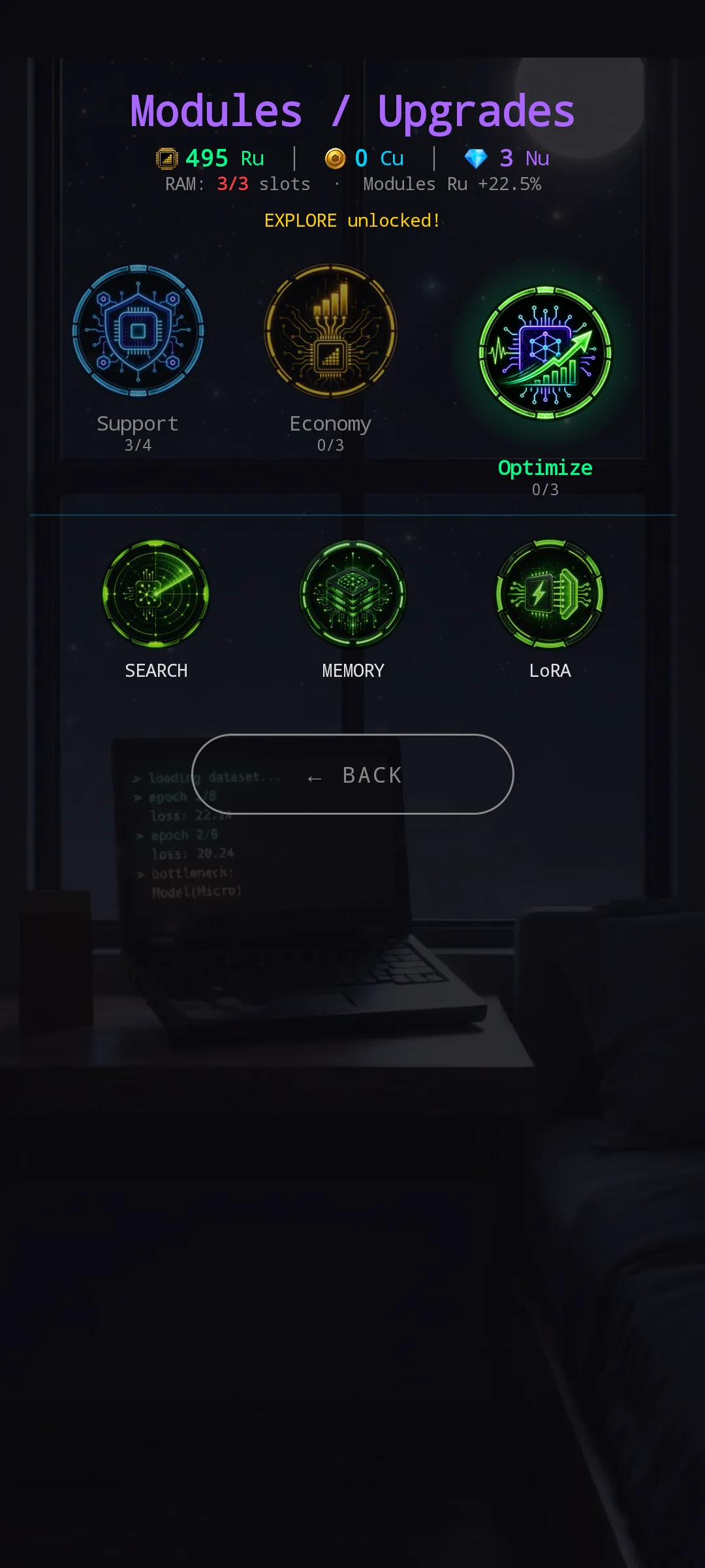 New Modules screen — Optimize category selected with green glow, showing SEARCH / MEMORY / LoRA grid
