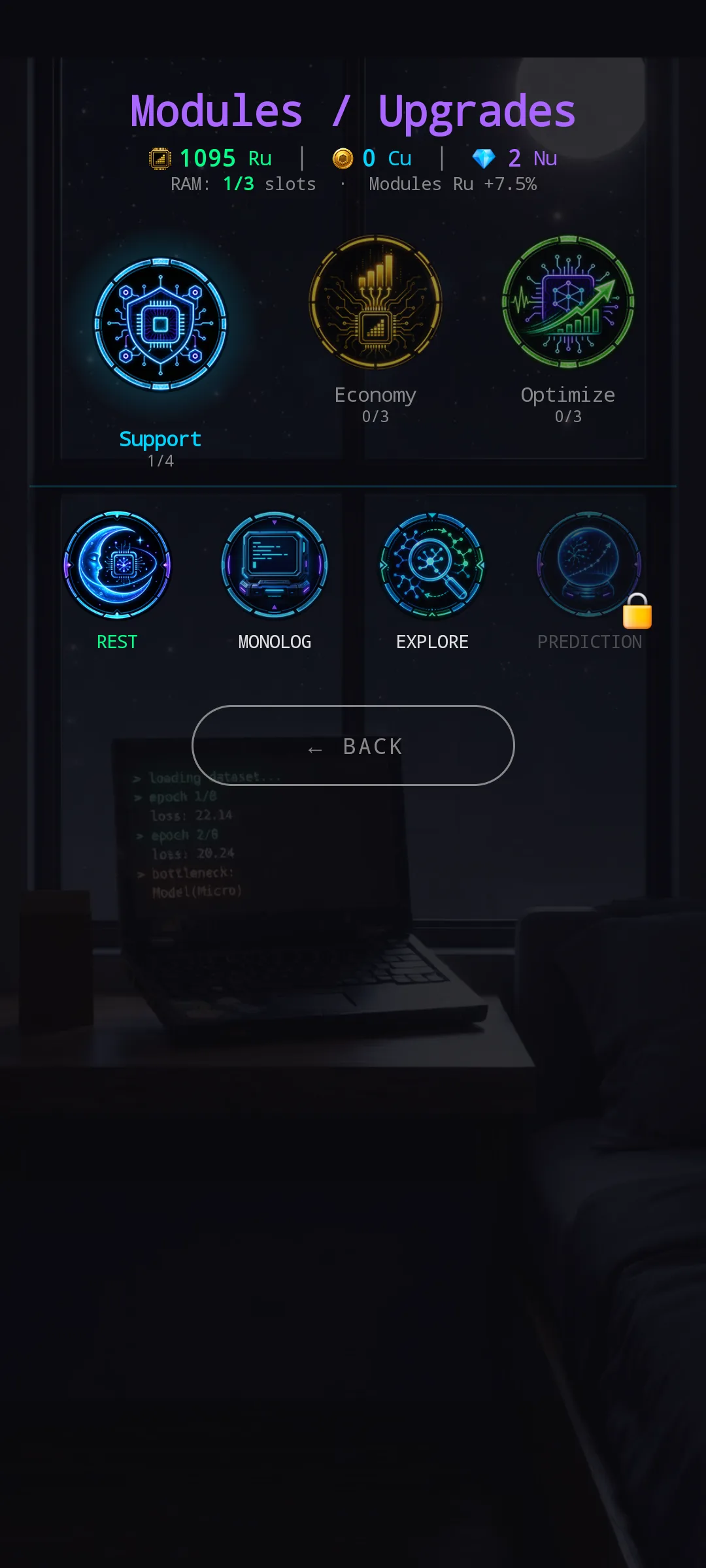 New Modules screen — Support category selected with cyan glow, showing REST / MONOLOG / EXPLORE / PREDICTION grid