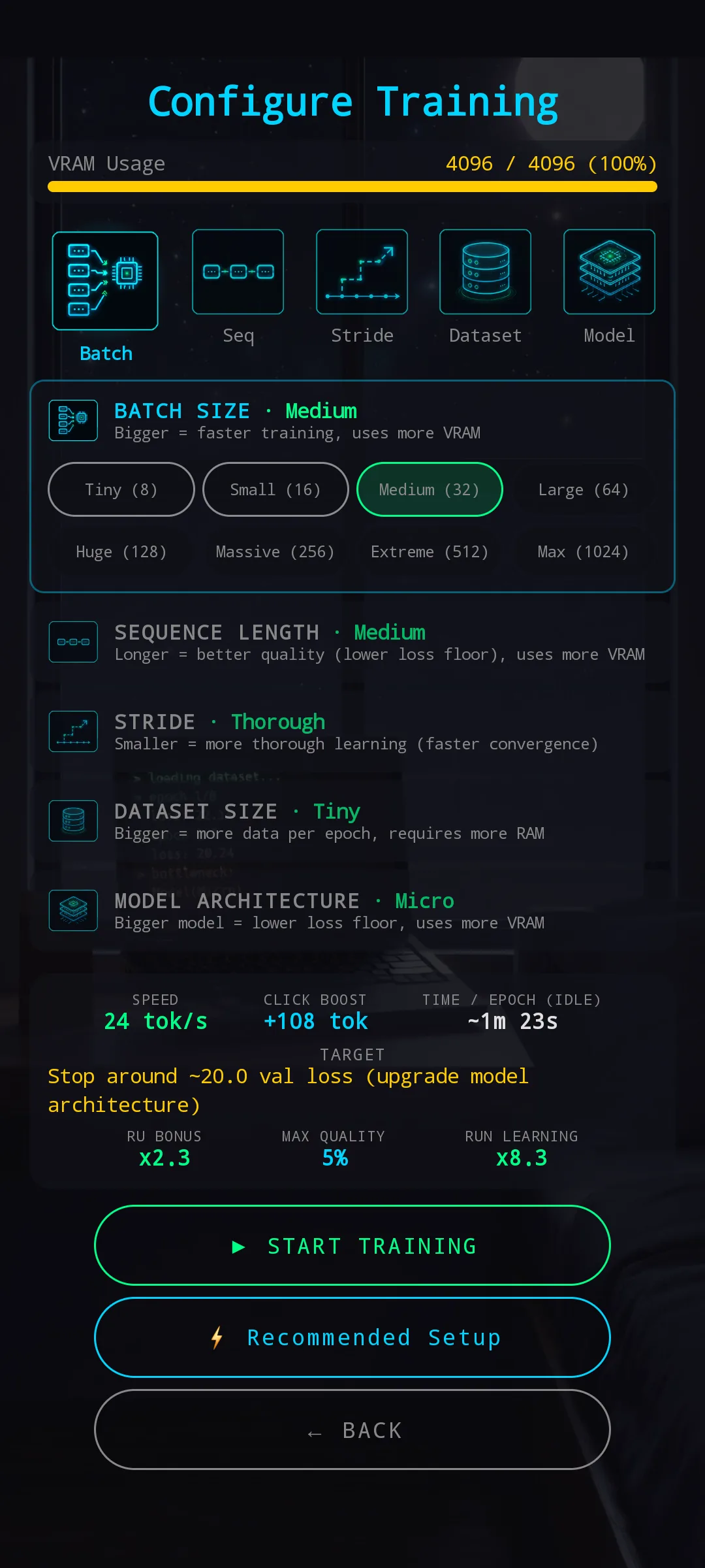 New Pretrain Configuration with Batch section expanded — chips Tiny (8) through Max (1024), Medium (32) selected