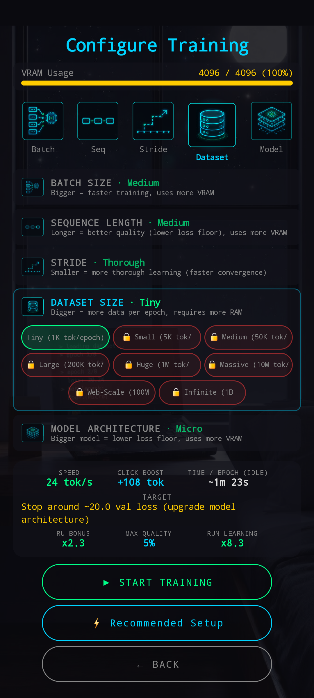 New Pretrain Configuration with Dataset section expanded — Tiny selected, larger datasets locked with red border and lock icons