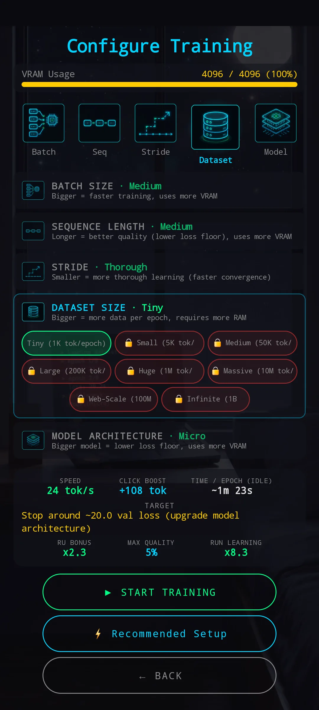 New Pretrain Configuration with Dataset section expanded — Tiny selected, larger datasets locked with red border and lock icons