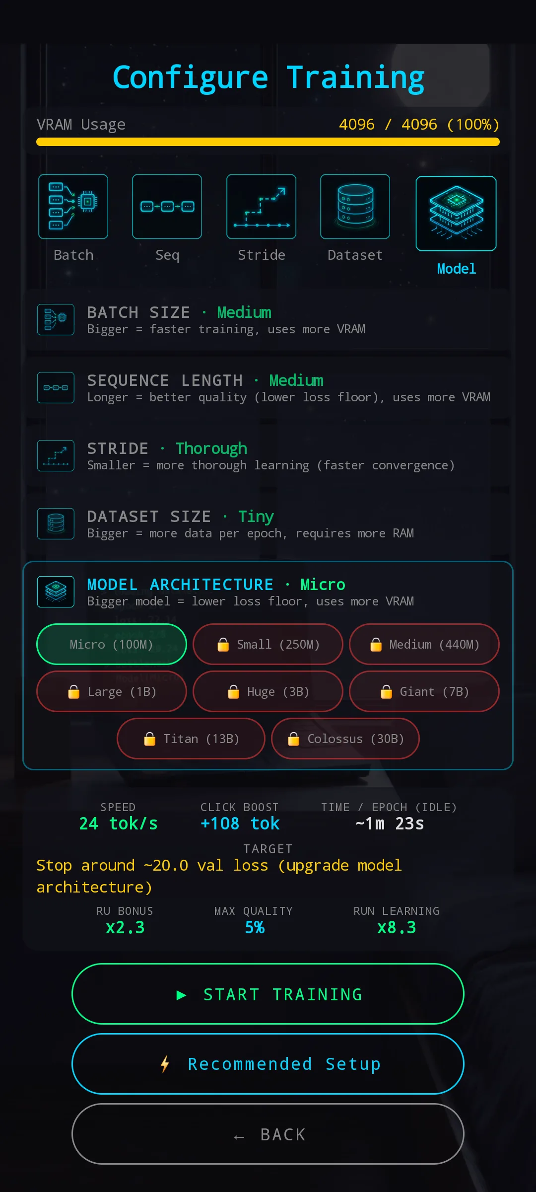 New Pretrain Configuration with Model section expanded — Micro selected, larger models locked behind GPU VRAM