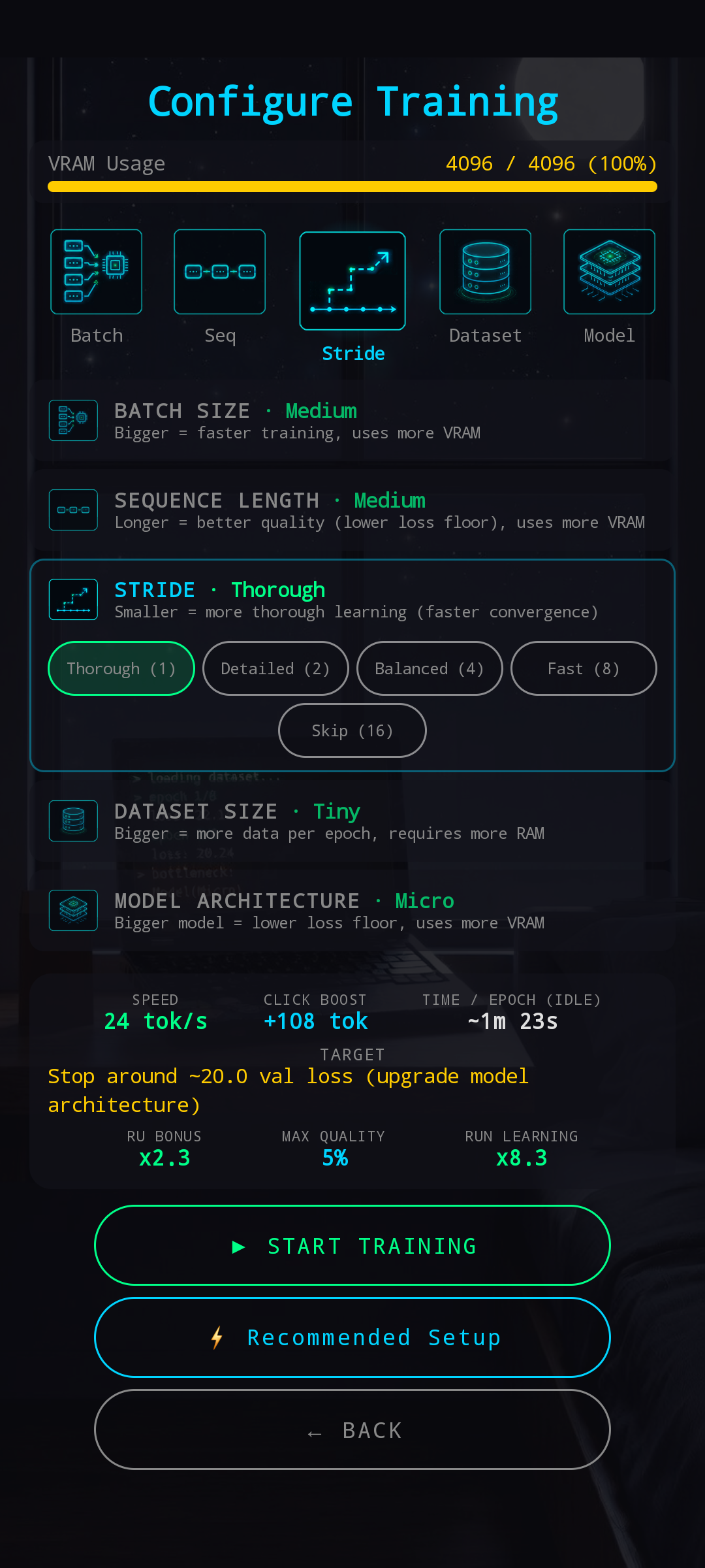 New Pretrain Configuration with Stride section expanded — Thorough (1) selected