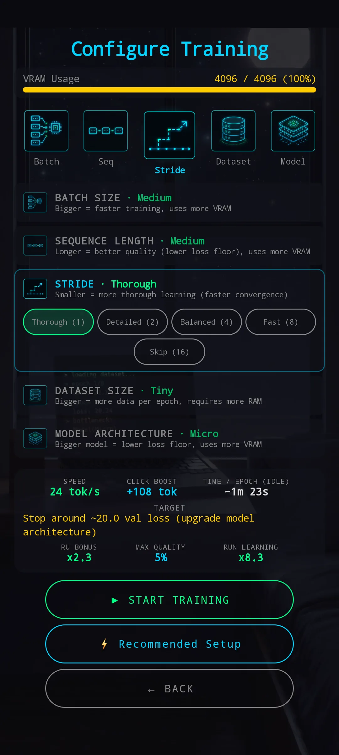 New Pretrain Configuration with Stride section expanded — Thorough (1) selected