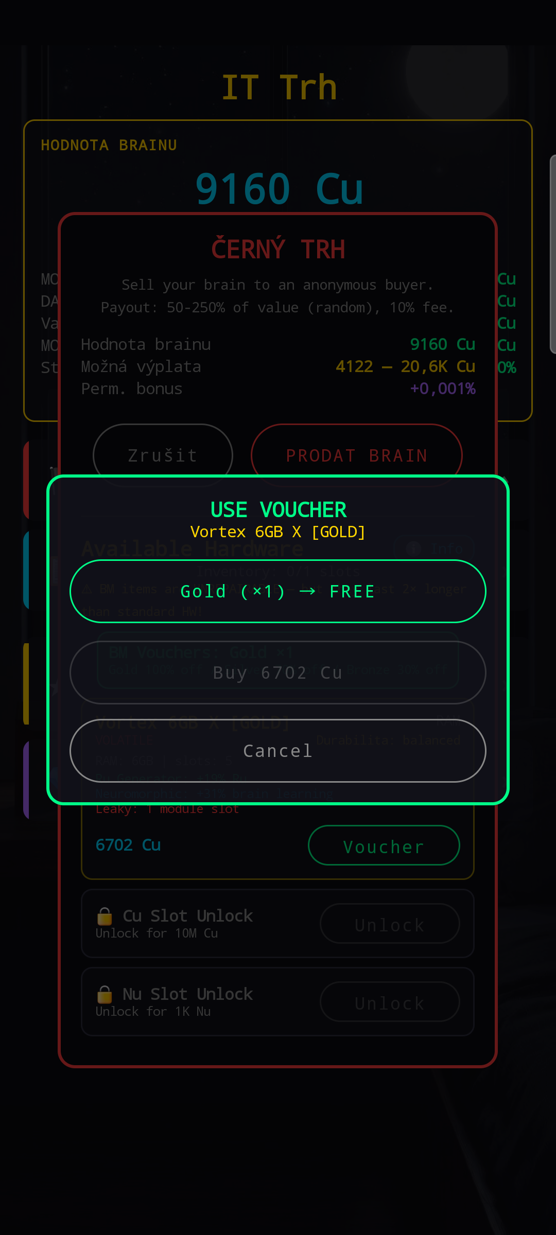 BM voucher dialog — USE VOUCHER on Vortex 6GB X with three options: Gold (x1) goes FREE highlighted in cyan, Buy 6702 Cu, Cancel