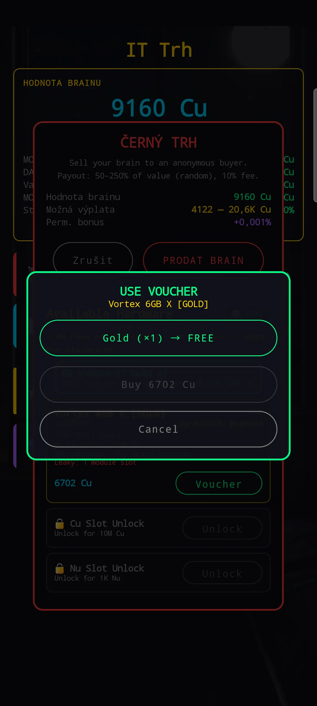 BM voucher dialog — USE VOUCHER on Vortex 6GB X with three options: Gold (x1) goes FREE highlighted in cyan, Buy 6702 Cu, Cancel