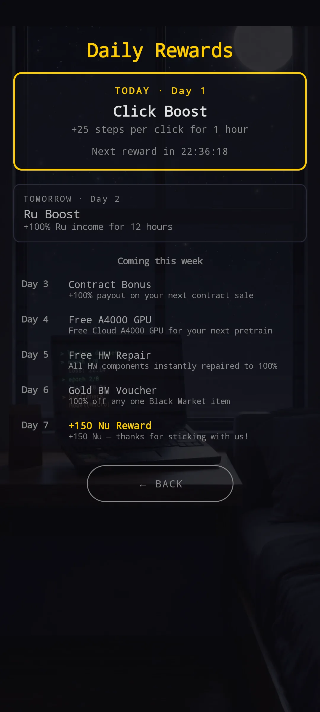Daily Rewards screen — TODAY Day 1 Click Boost hero card with cooldown countdown, TOMORROW Day 2 Ru Boost preview, Week ahead list Day 3 to 7 each with their reward