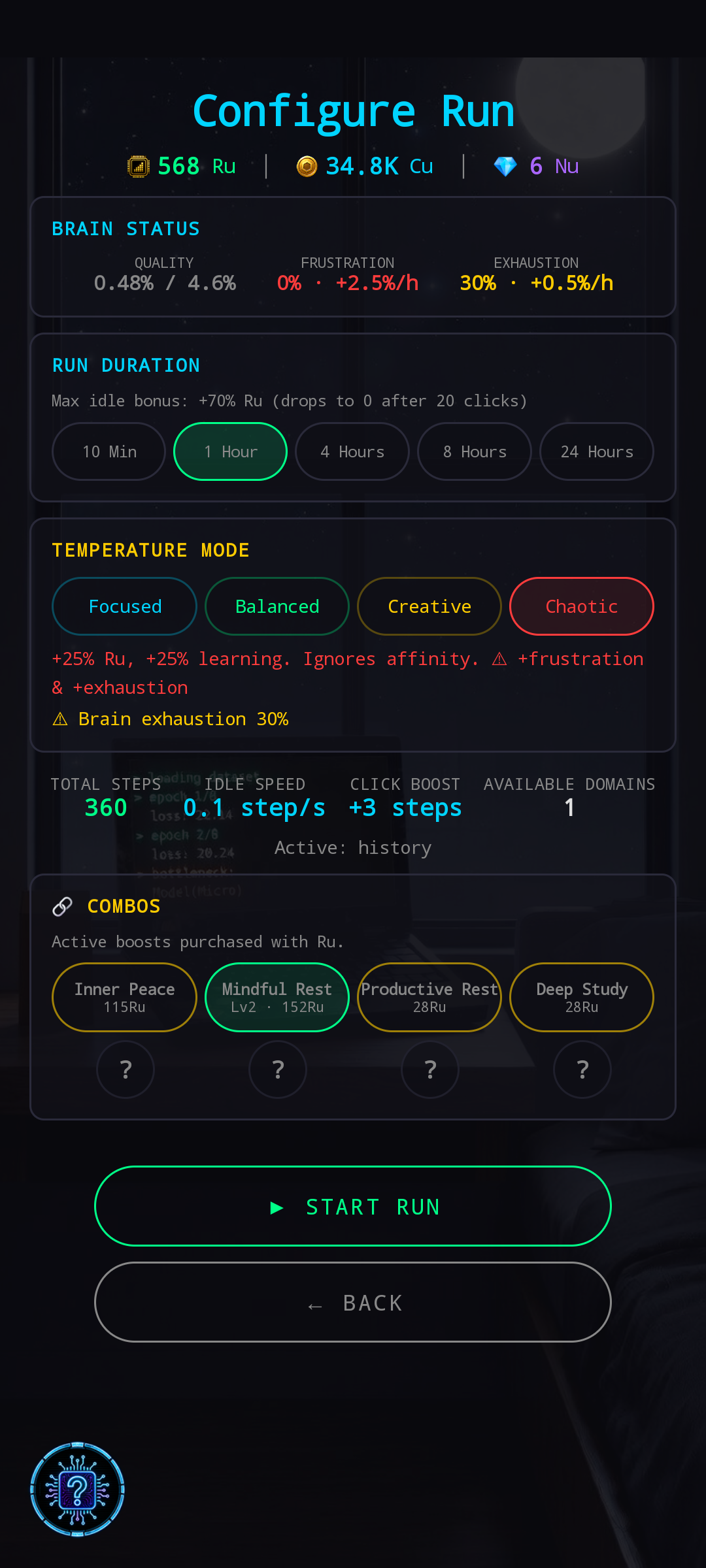 Run config with Inner Peace combo active — EXHAUSTION 30% at +0.5%/h, Inner Peace combo card highlighted green