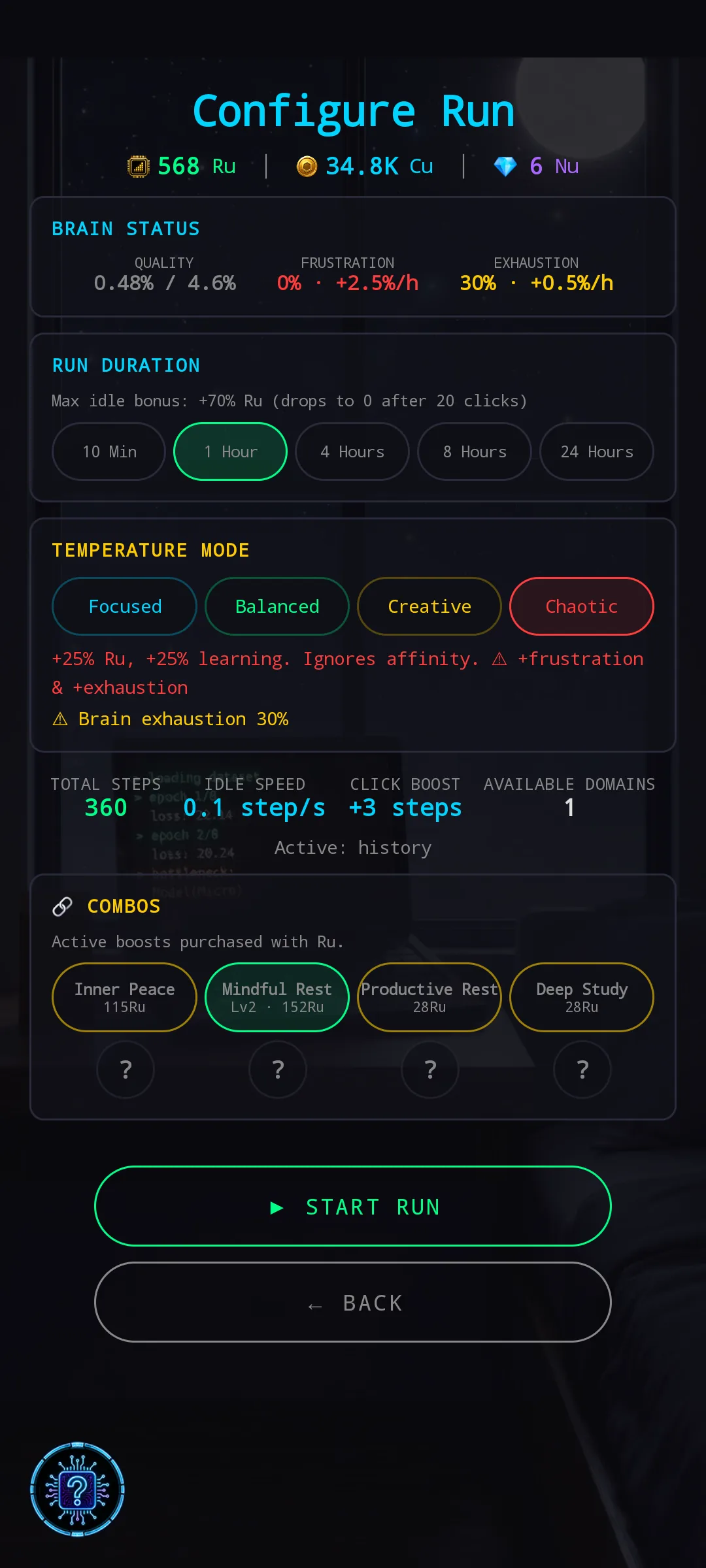 Run config with Inner Peace combo active — EXHAUSTION 30% at +0.5%/h, Inner Peace combo card highlighted green