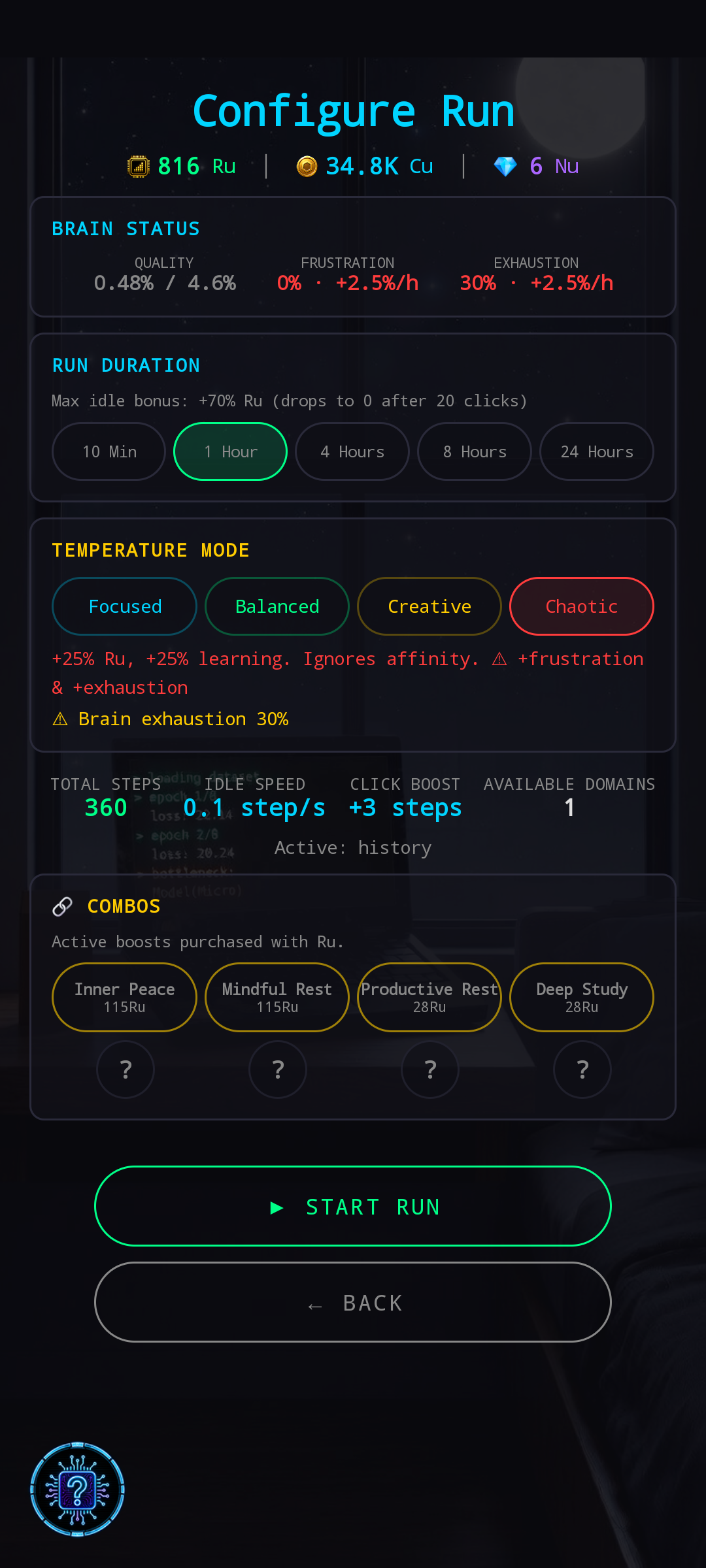 Run config without active combo — EXHAUSTION 30% at +2.5%/h, total Ru estimate 816