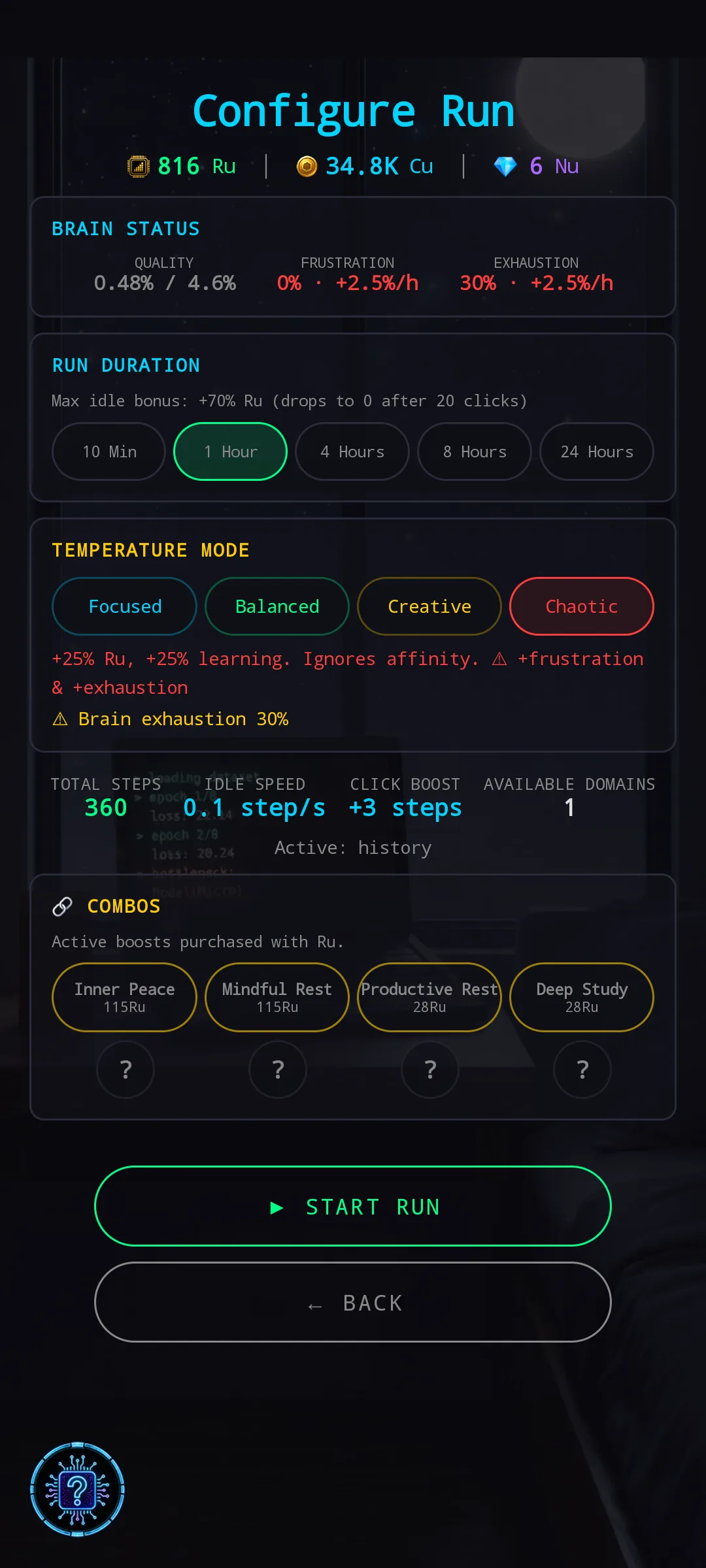 Run config without active combo — EXHAUSTION 30% at +2.5%/h, total Ru estimate 816