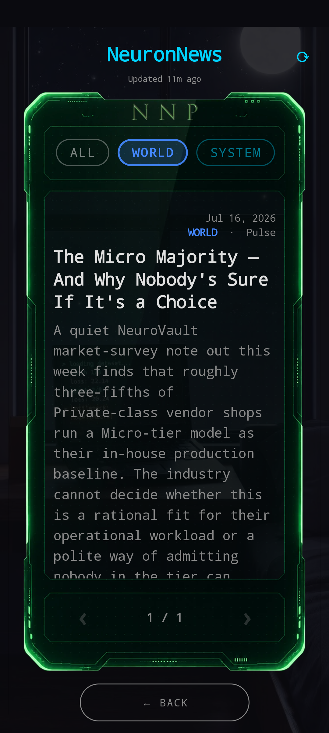 NeuronNews Panel reader — an octagonal green-neon frame with the NNP branding, category chips (ALL, MARKET, LEADERBOARD…), and a single news article rendered as a full-plate reader. Meta strip shows the date, category, and source outlet. Pagination at the bottom.