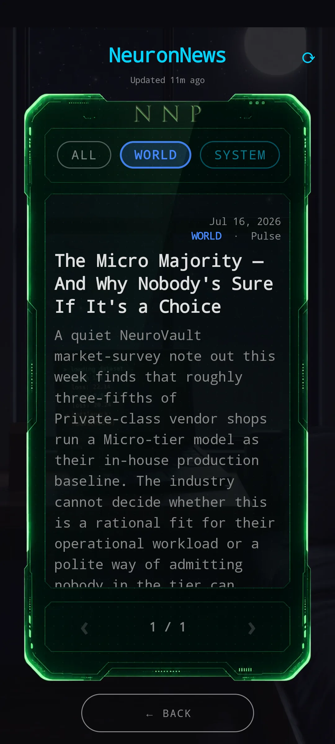 NeuronNews Panel reader — an octagonal green-neon frame with the NNP branding, category chips (ALL, MARKET, LEADERBOARD…), and a single news article rendered as a full-plate reader. Meta strip shows the date, category, and source outlet. Pagination at the bottom.