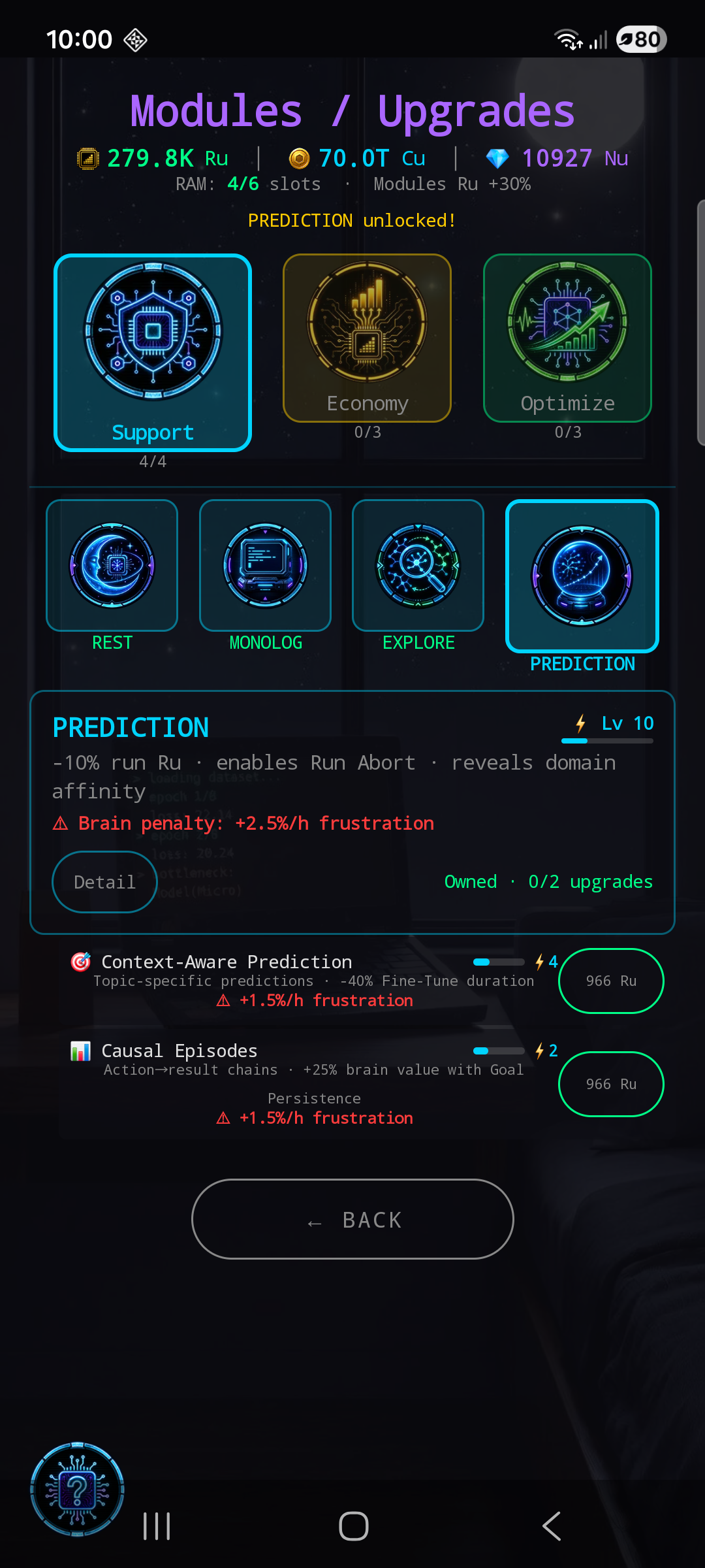 Modules / Upgrades screen — three top-level categories along the top (Support 4/4 active, Economy 0/3, Optimize 0/3). Beneath: four sub-modules (REST, MONOLOG, EXPLORE, PREDICTION active). The PREDICTION detail card shows Lv 10, its stat line, and two upgrades listed below (Context-Aware Prediction and Causal Episodes, both at 966 Ru).