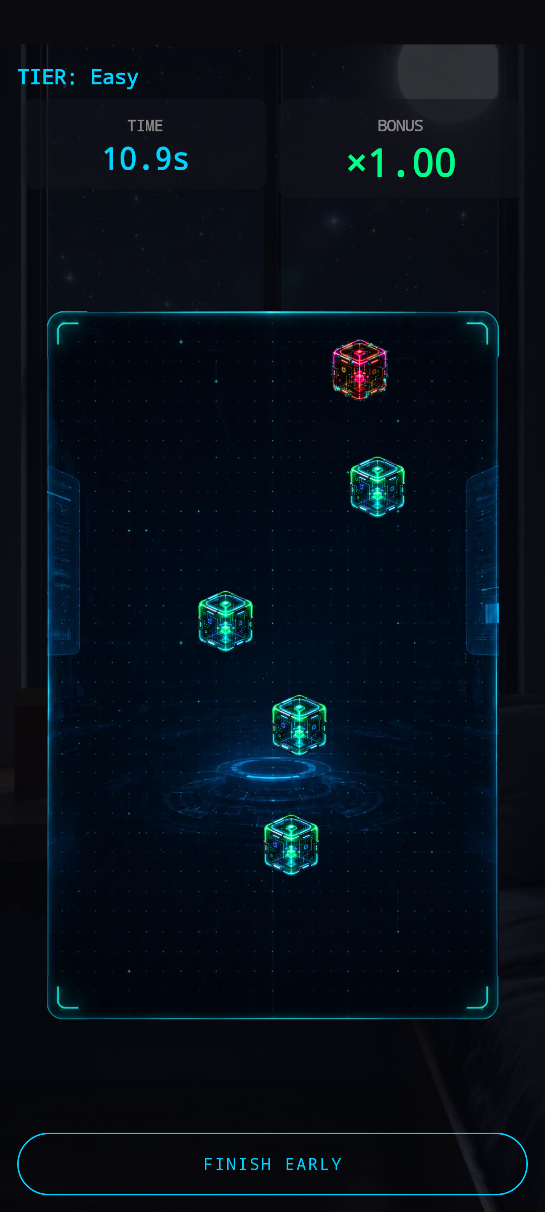 Packet Filter minigame in play — a cyan neon frame with a central portal disc as the catcher. Clean green packets fall from the top, one damaged red packet visible near the top. Counters at the top read TIME 10.9s and BONUS ×1.00. TIER: Easy label in the corner. FINISH EARLY button at the bottom.