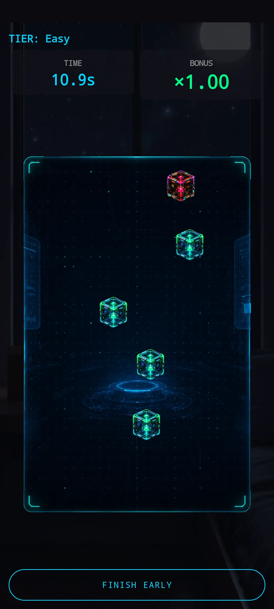 Packet Filter minigame in play — a cyan neon frame with a central portal disc as the catcher. Clean green packets fall from the top, one damaged red packet visible near the top. Counters at the top read TIME 10.9s and BONUS ×1.00. TIER: Easy label in the corner. FINISH EARLY button at the bottom.