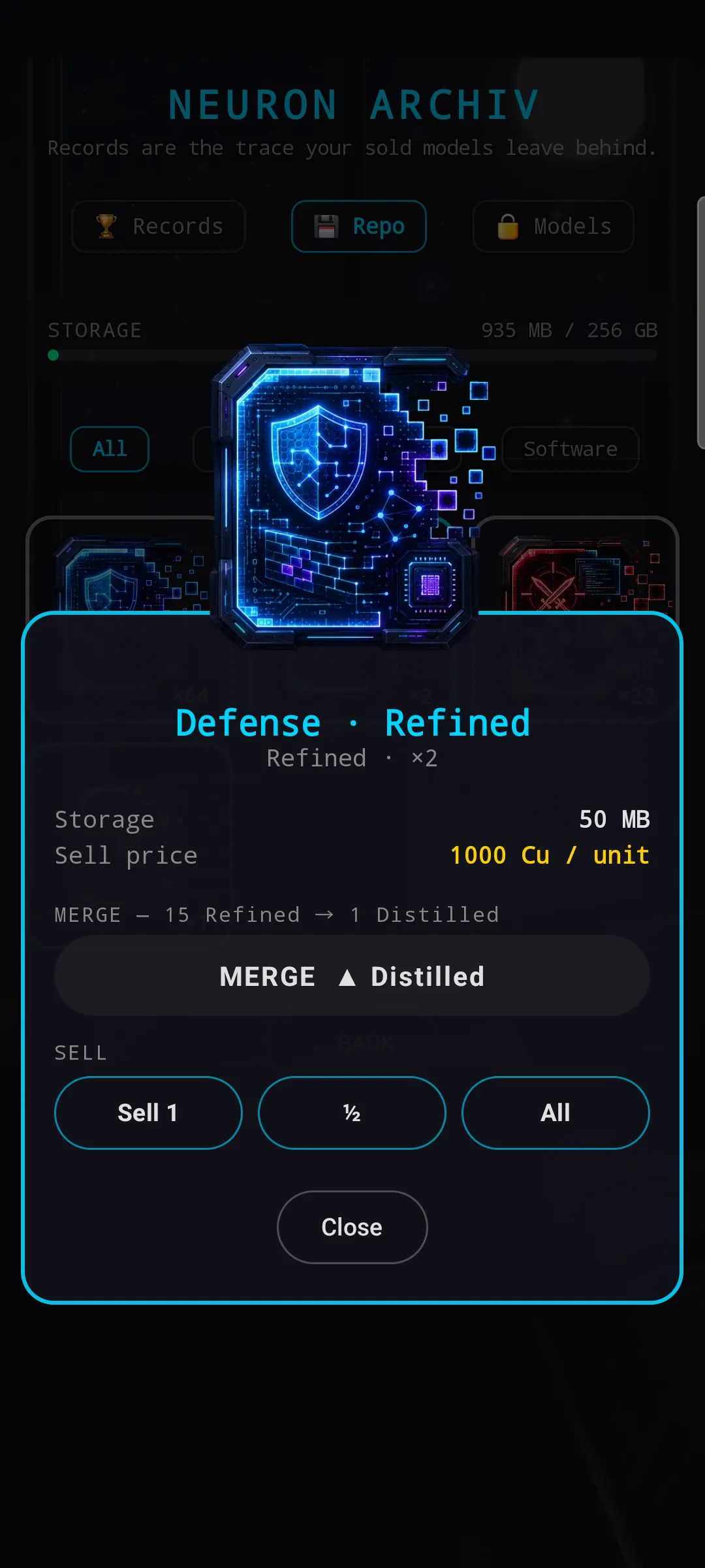 Fragment detail popup — 'Defense · Refined · x2', showing Storage 50 MB, Sell price 1,000 Cu/unit, a MERGE section that reads '15 Refined → 1 Distilled' with a large MERGE ▲ Distilled action button (currently unaffordable due to count), a SELL section with Sell 1 / ½ / All options, and a Close button. Background shows the Repo grid with a large cyan-glow rarity-coloured Defense fragment icon.